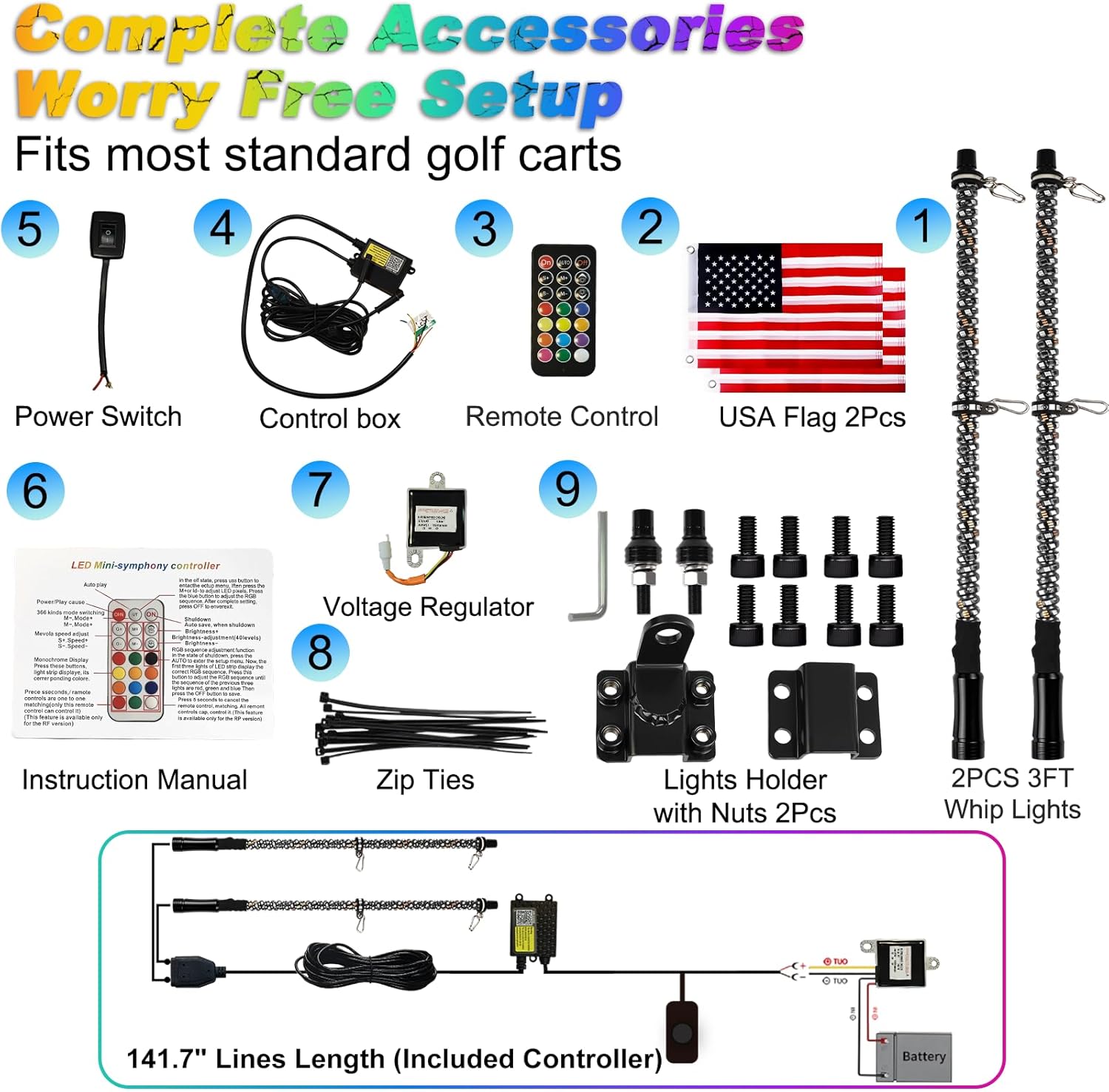 2PCS 3FT Whip Lights for All Golf Cart Yamaha Club Car Ezgo with Spring Base, Buletooth APP & Remote Contral with Turn Signal Brake Lights,IP68 Waterproof Spiral RGB LED Chasing Light