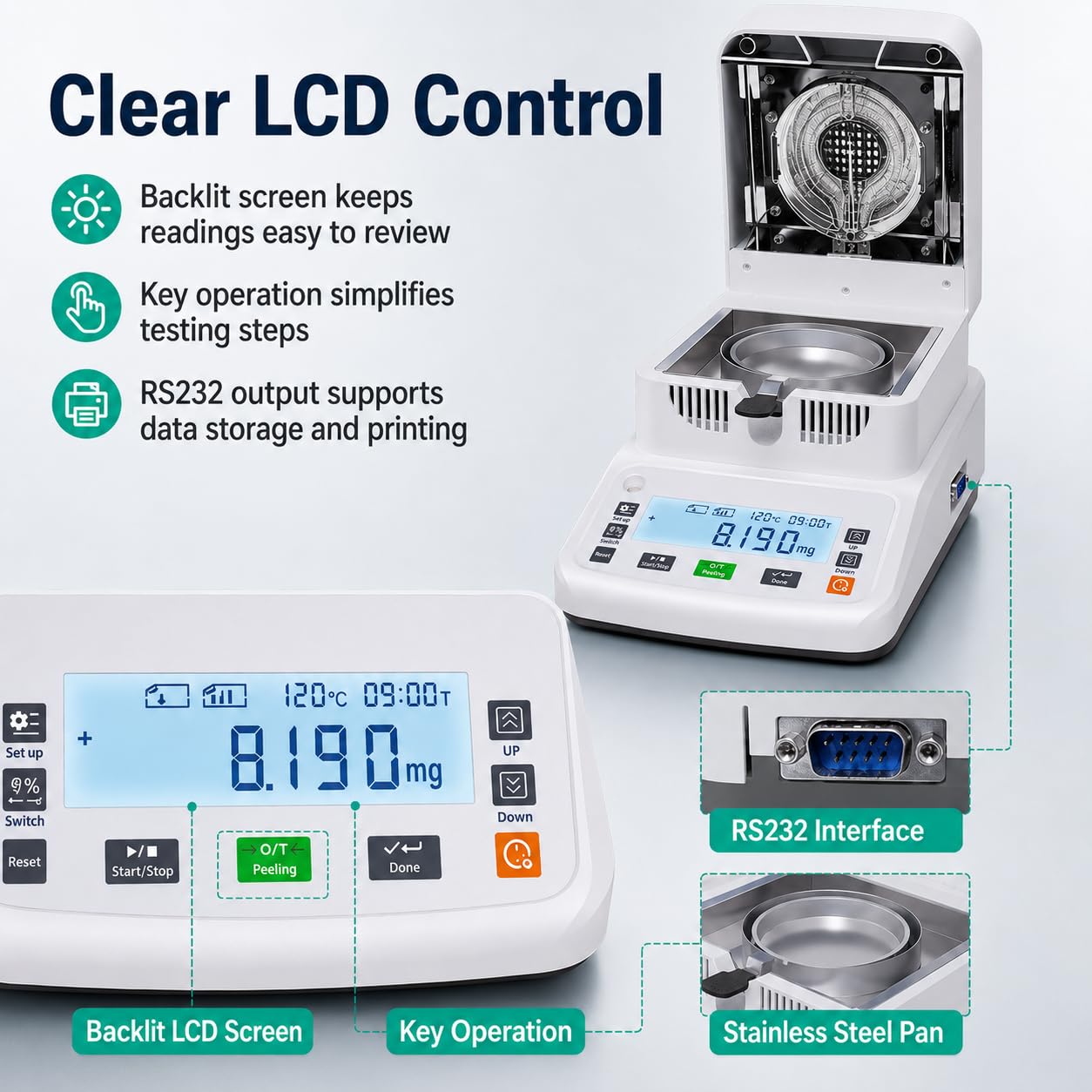 Medidor analizador de humedad halógeno - 0,005 g de alta precisión | Capacidad de 120 g | Calentamiento y secado rápidos a 40 ℃ -180 ℃, con pantalla táctil(0.002G)
