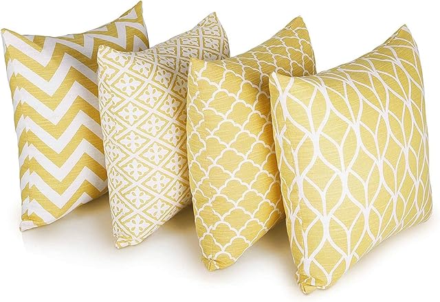 Penguin Home® Set of 4 Yellow Cushion Covers 45x45cm | Double Sided Square Pillow Covers | 100% Pure Cotton & Invisible Zipper | Geometric Design Pillow Cases for Living Room, Bedroom, Sofa, 18x18Inch