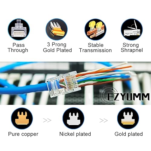 Miniatura 2 de EZYUMM Conectores RJ45, 100 piezas Cat6 RJ45 de paso a través de conectores, extremos Ethernet Cat 6 chapados en oro premium 8P8C, enchufe modular