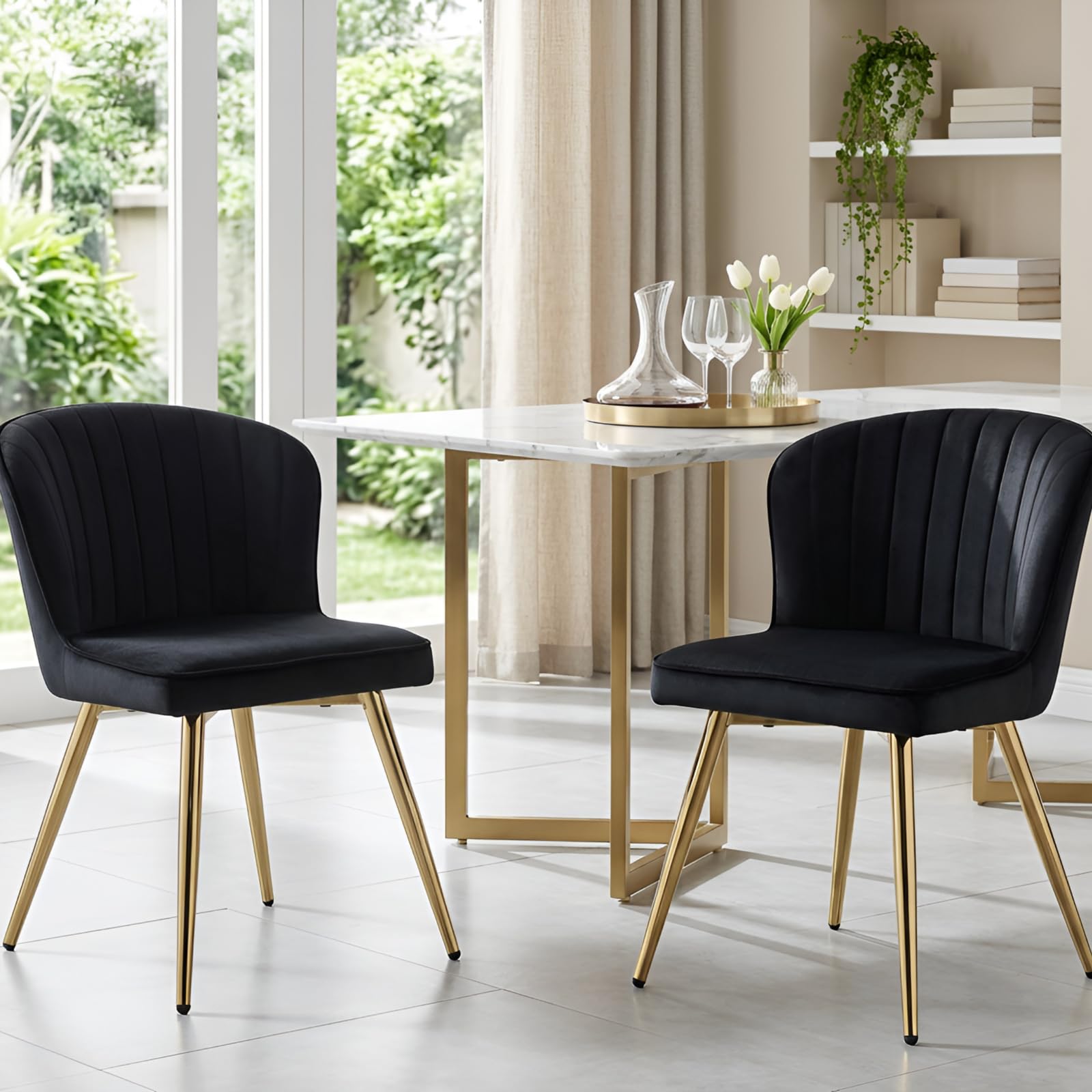 Ya-Home Dining Chairs Set of 2 Modern Velvet Comfortable Padded Kitchen Chairs with Sturdy Metal Legs for Dining Room/Kitchen, Black