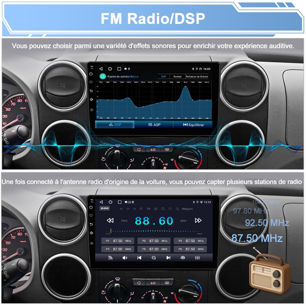 AWESAFE Autoradio Android 15 pour Citroën Berlingo/Peugeot Partner (2008-2019), Écran Tactile 9 Pouces 2Go+64Go, CarPlay & Android Auto, GPS WiFi Bluetooth USB DSP, SWC, Caméra de Recul Incluse