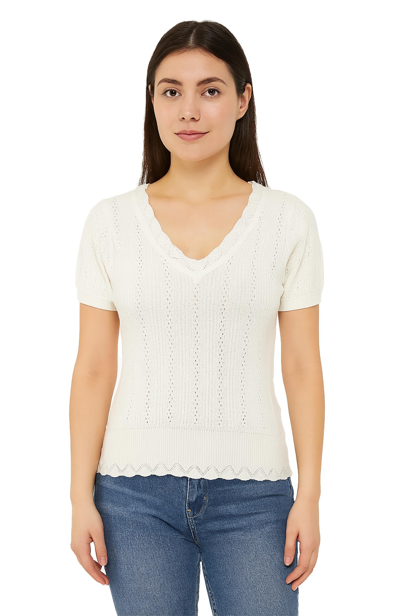 Women's Acrylic Knitted Ribbed Short-Sleeve V-Neck Self Design Crop Top T-Shirt DN110-image-3