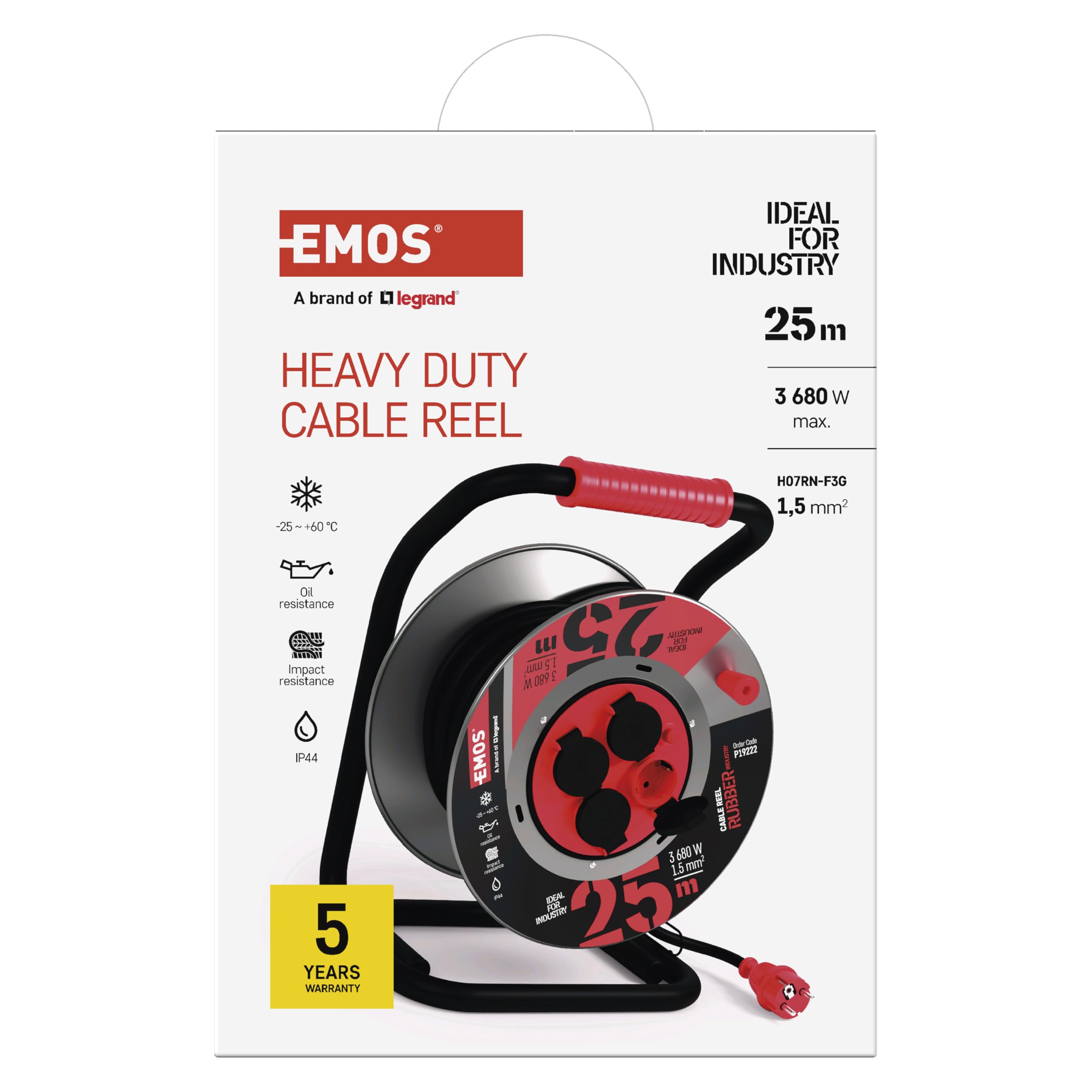 EMOS Avvolgicavo per esterni, in lamiera d'acciaio, 25 m, cavo in gomma H07RN, 1,5 mm2 (neoprene) con 4 prese Schuko, IP44, impermeabile, per esterni, industria, cantieri