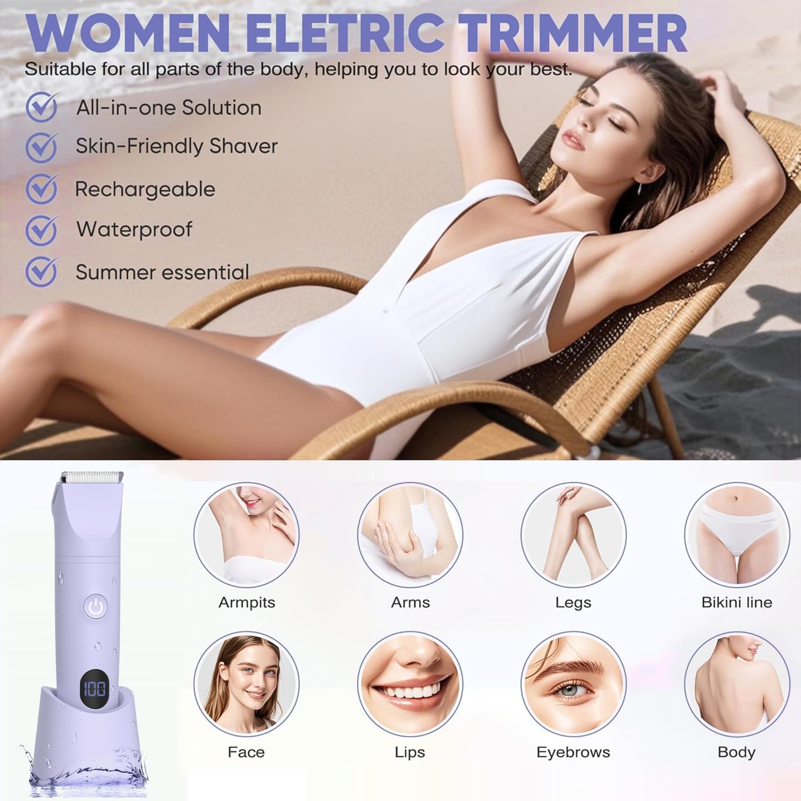 Golarka damska 3 w 1, elektryczna golarka do włosów dla kobiet, trymer do ciała, intymne trymowanie bikini, wodoszczelność IPX7, do golenia na mokro i sucho, do ciała (fioletowa)