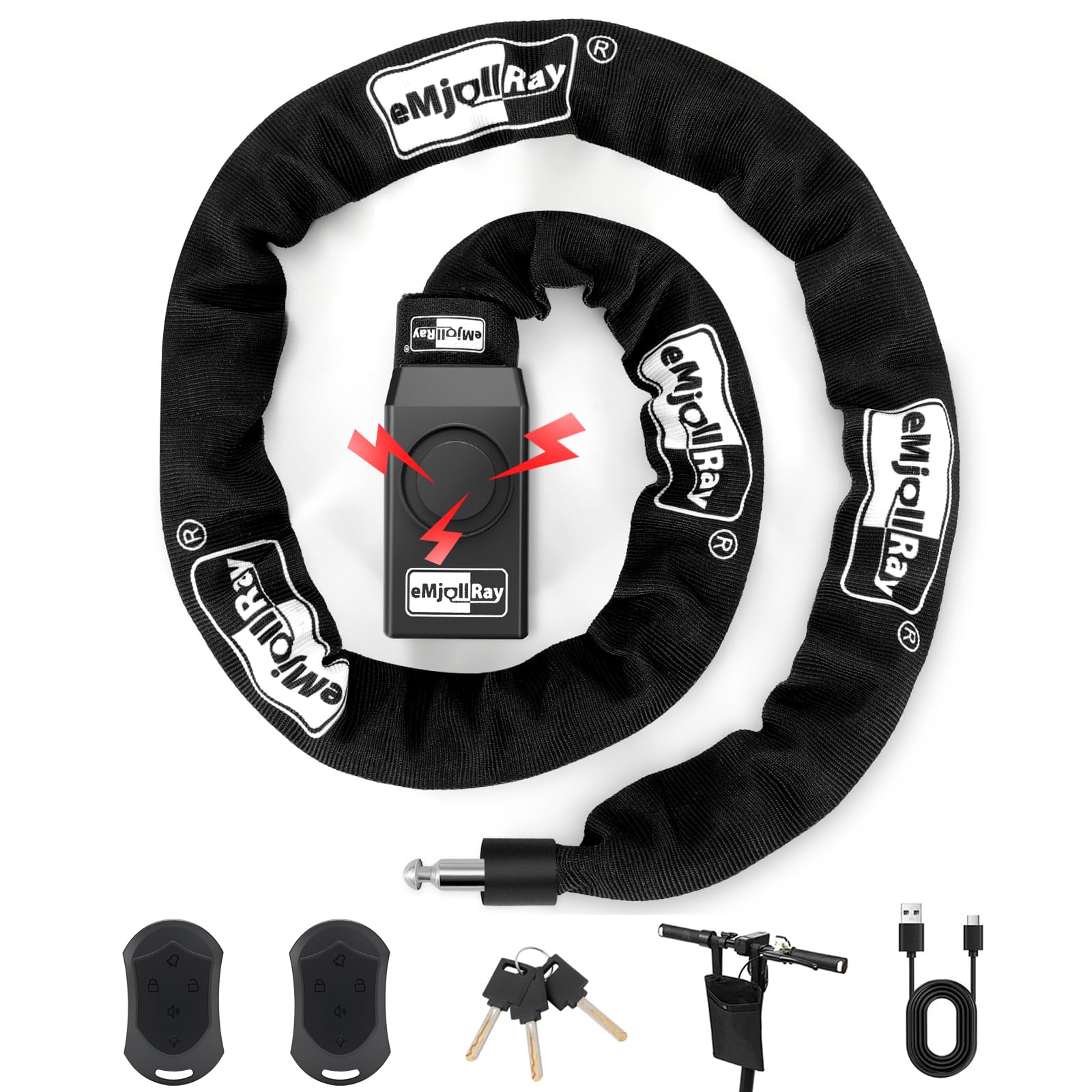 120CM Antivol Velo avec Alarme 110dB Antivol Alarme Vélo avec Télécommande 8MM Grossie USB C Rechargeable Chaine Antivol avec 3 Clés et Sac pour Vélo Electrique Trottinette Scooter Porte