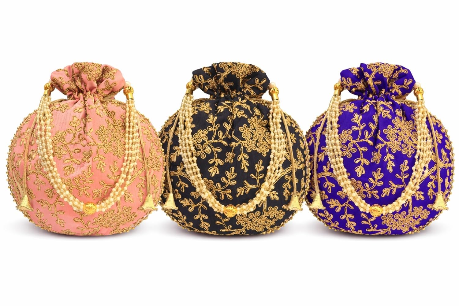 JDDCART Embroidered Wedding Return Gift Potli Bags Wrist Carry Set of 3 Round Handbag for Women and Girls with Pearl Handle in Peach, Black, Blue - Size 9 inch x 8.5 inch-image-42