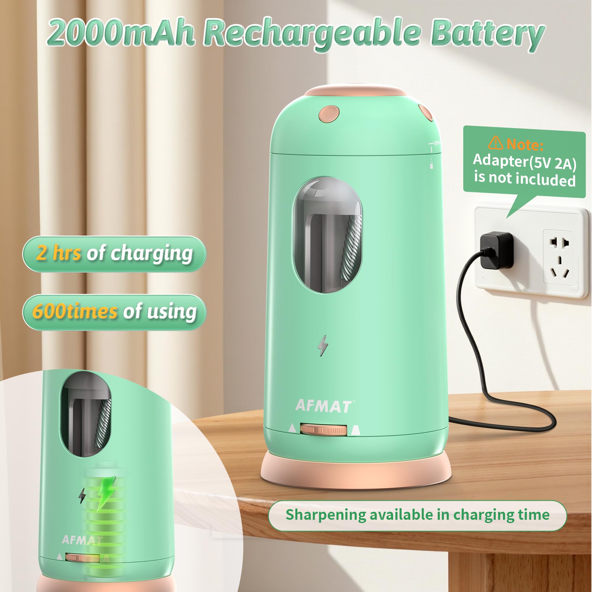 AFMAT Vollautomatischer Elektrischer Anspitzer für Kinder, USB Wiederaufladbarer Bleistiftspitzer für 7-11.5mm Bleistifte und Buntstifte, mit Behälter, Grün PSC8