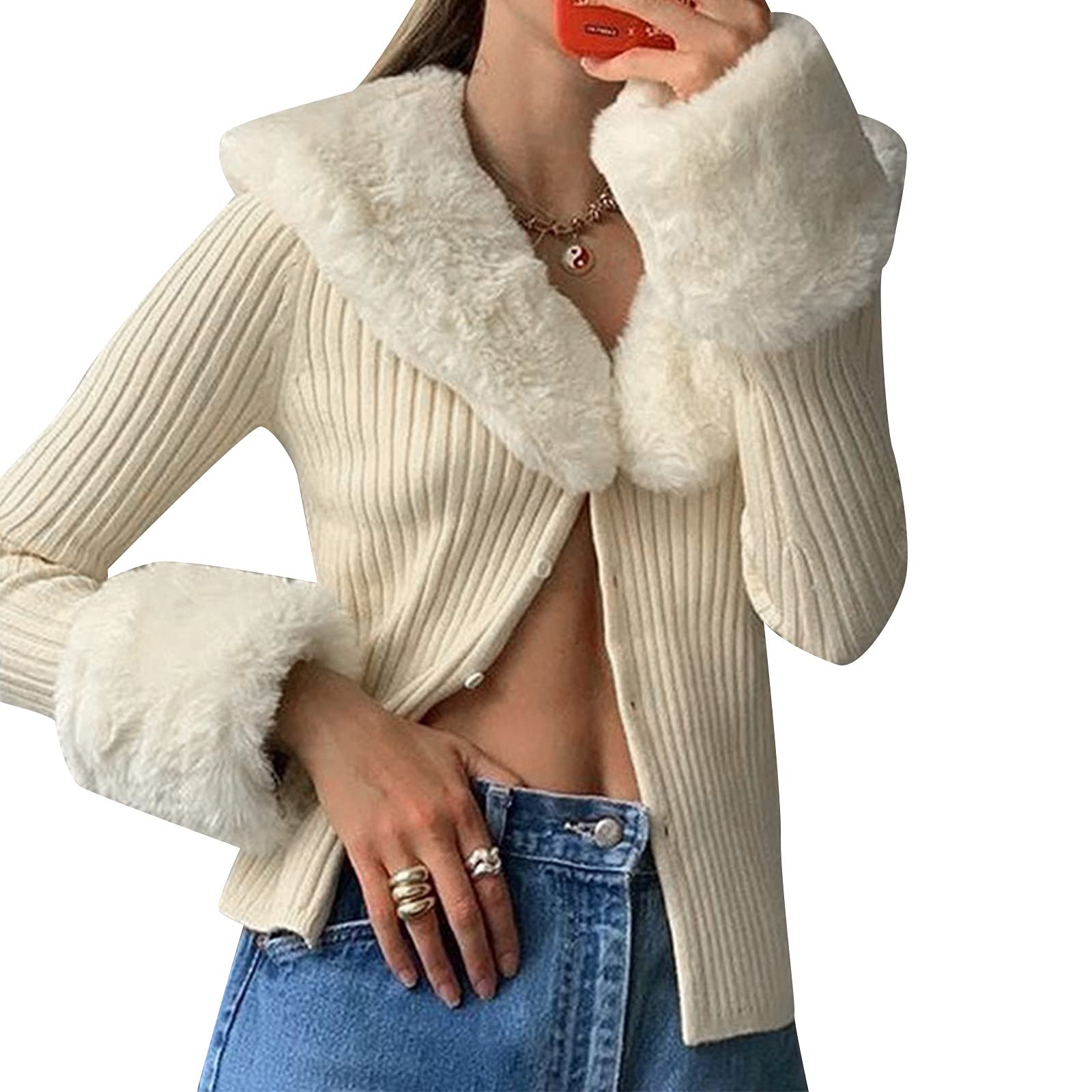 Women Fluffy Long Sleeve Crop Knitted Coats Color Block Slim Fit Faux Fur  Collar Jacket 2021 Autumn Winter Outwear