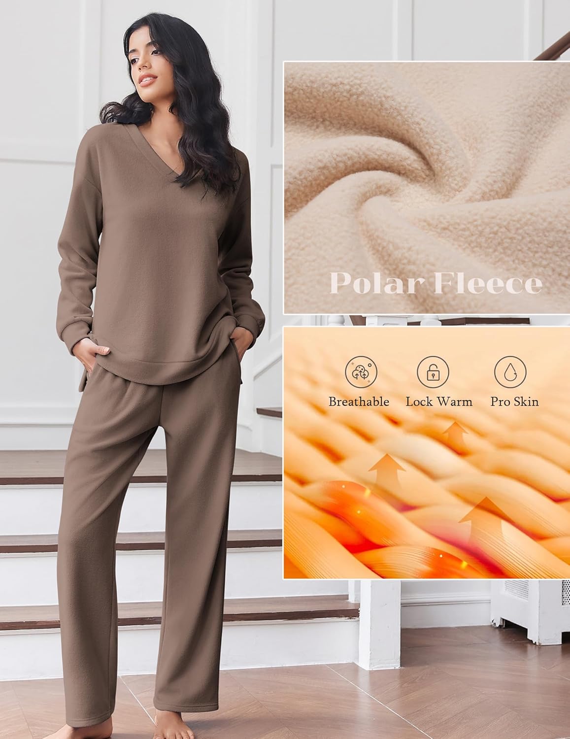 Ekouaer Pajama for Womens Set Ploar Fleece Long Sleeve Lounge Sets Fall Pjs V Neck Comfy Sleepwear with Pockets Brown XX-Large - Image 4