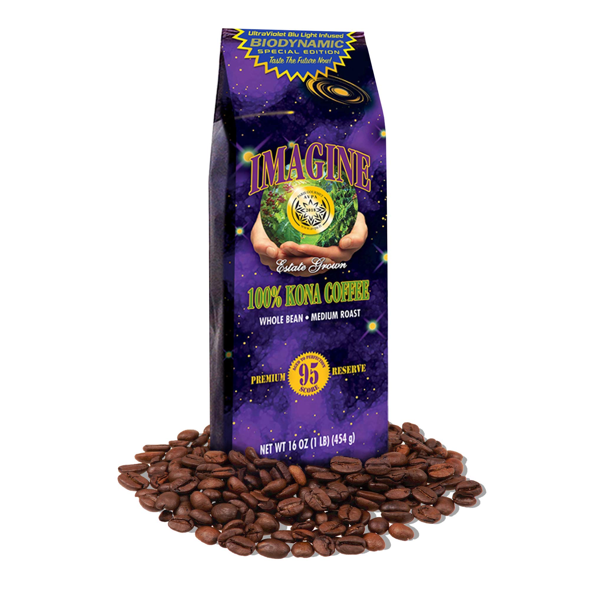 Imagine Kona UltraViolet Blu Light Infused Biodynamic Special Edition | Organic Whole Coffee Beans | Made From Premium Hawaiian Kona Beans | Top Grade