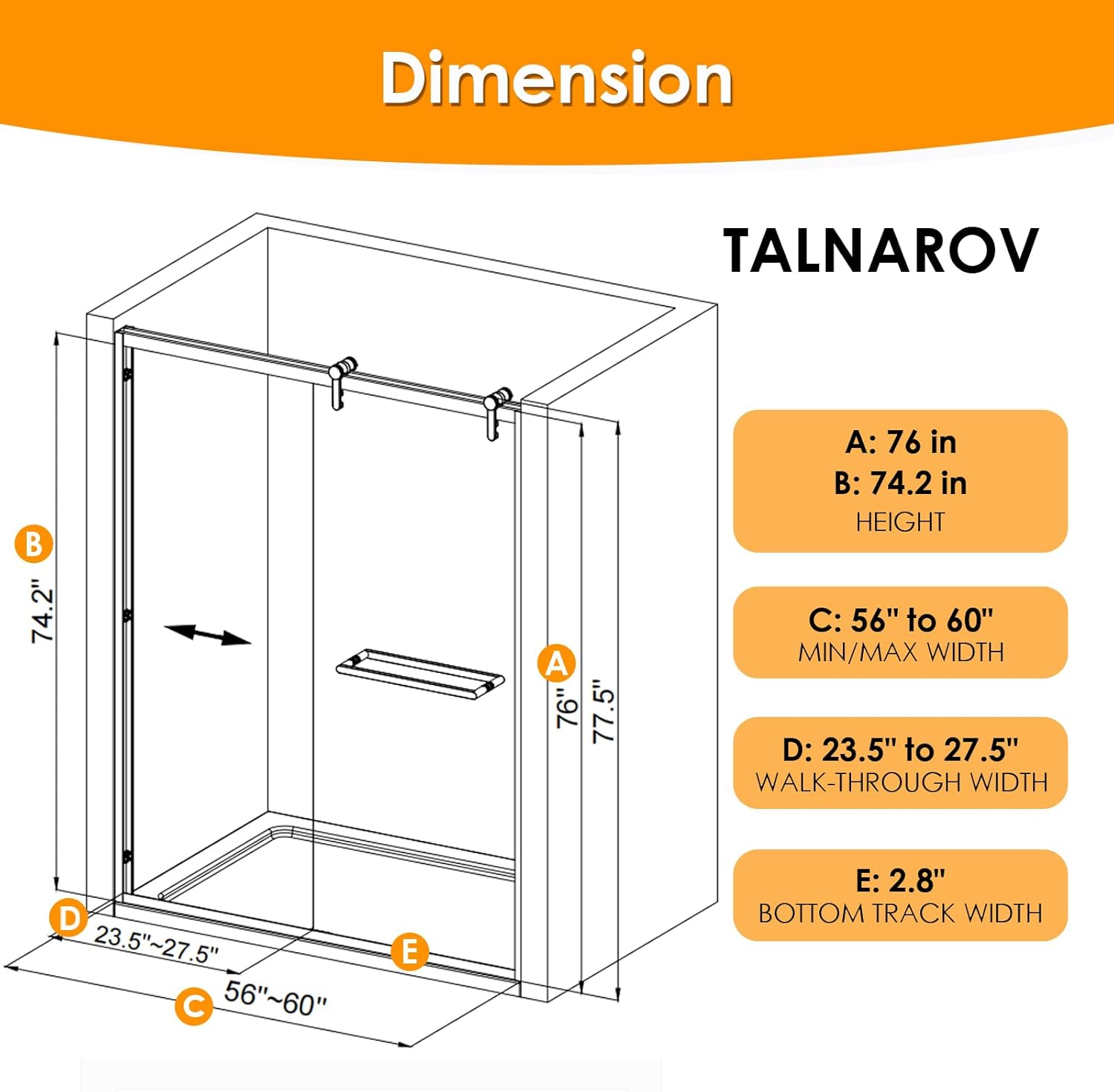 Double Sliding Shower Door 56-60" W x 76" H with 5/16" (8mm) Tempered Glass, Glass Shower Door, Stainless Steel Frame, Easy to Clean Coating, Chrome Finish