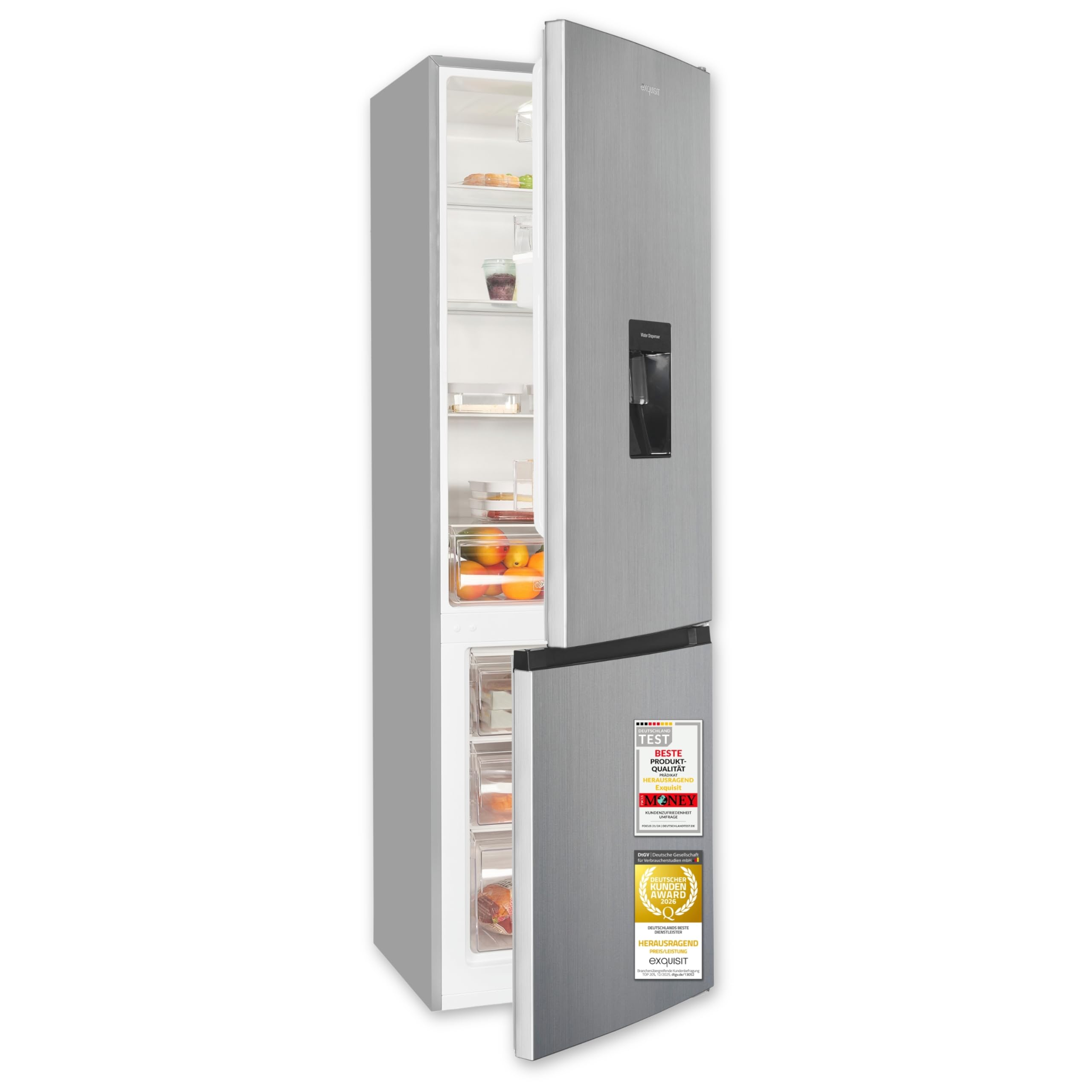Exquisit Kühl-Gefrierkombination | 260 l Nutzinhalt, Energieeffizienzklasse D, 40 dB(A) | Wasserspender mit Wassertank, elektronische Temperaturregelung, LED-Beleuchtung | KGC5265-70-WS-040D inoxlook