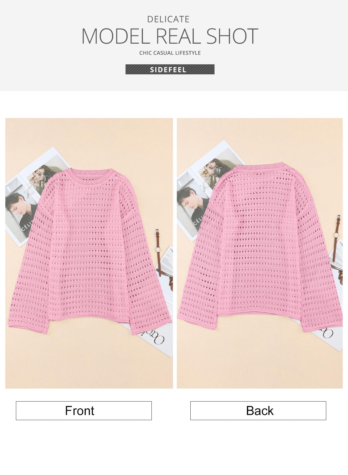Sidefeel Womens Summer Sweaters 2026 Lightweight Casual Long Sleeve Crochet Tops Hollow Out Knit Pullover Clothing: Medium Pink