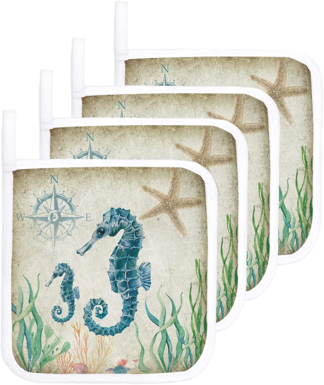 Pot Holder Set of 4 Ocean Seahorse Seaweed Potholder Heat Proof NonSlip Pot Holders