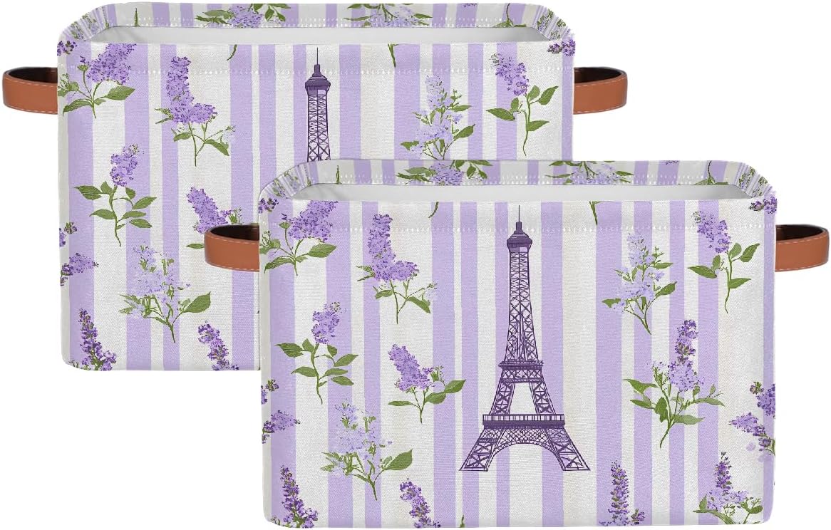 Storage Baskets for Shelves Eiffel Tower Purple Lavender Stripes Foldable Decorative Storage Basket Bins with Handles Storage Basket Box for Home, 2 Pcs