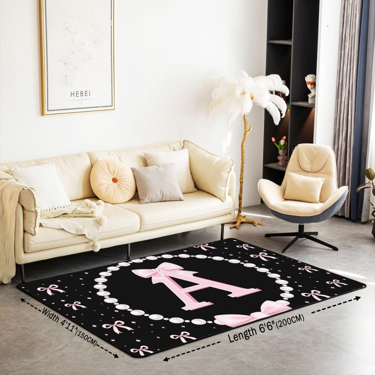 Erosebridal Pink and Black Bow Living Room Bedroom Rugs - Monogrammed Initial A Bows Area Rug 5 x 7 for Girls Kids, Pink Coquette Bow Tie Cute Bowknot Washable Carpet Indoor Floor Mat