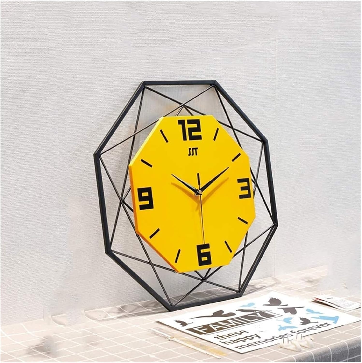 Large Wall Clock,Upgrade Non-Ticking Silent Quartz Clock,Modern Polygonal Wall Decoration Clock for Home Kitchen Living Room Bedroom Office,Yellow (Color : Yellow)