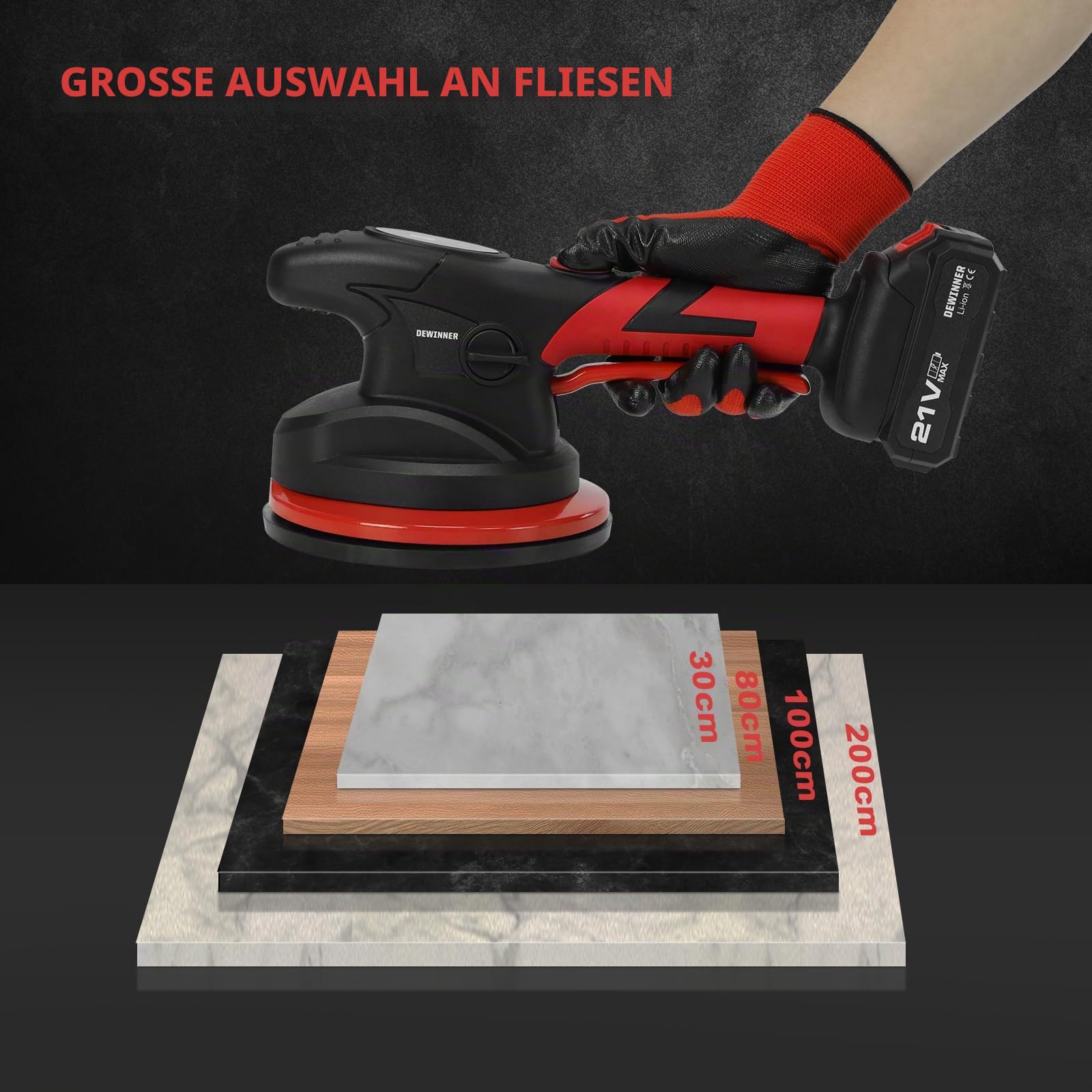 DEWINNER Fliesenvibrator, Fliesenmaschinen 6 Gänge Einstellbar, Fliesenrüttler mit akku Vakuum Saugheber für 0,3-2m Fliesen, 120kg Adsorption (Mit 2 Akkus und LCD-Display)