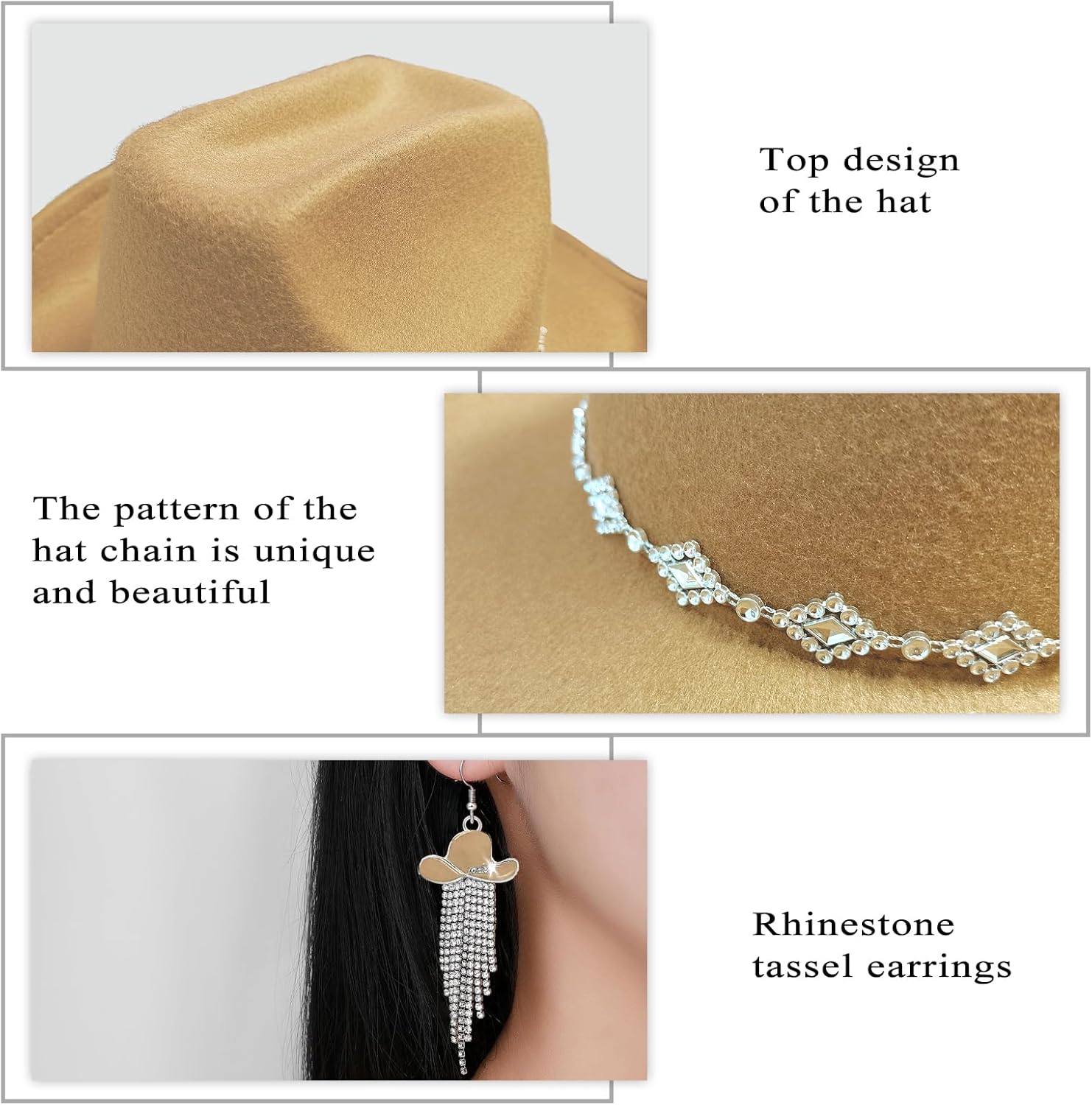 Western Cowgirl Hat for Women Men, Fedora Wide Brim Rhinestone Cowboy Hat with Bandana and Cowgirl Tassels Earrings - Image 3