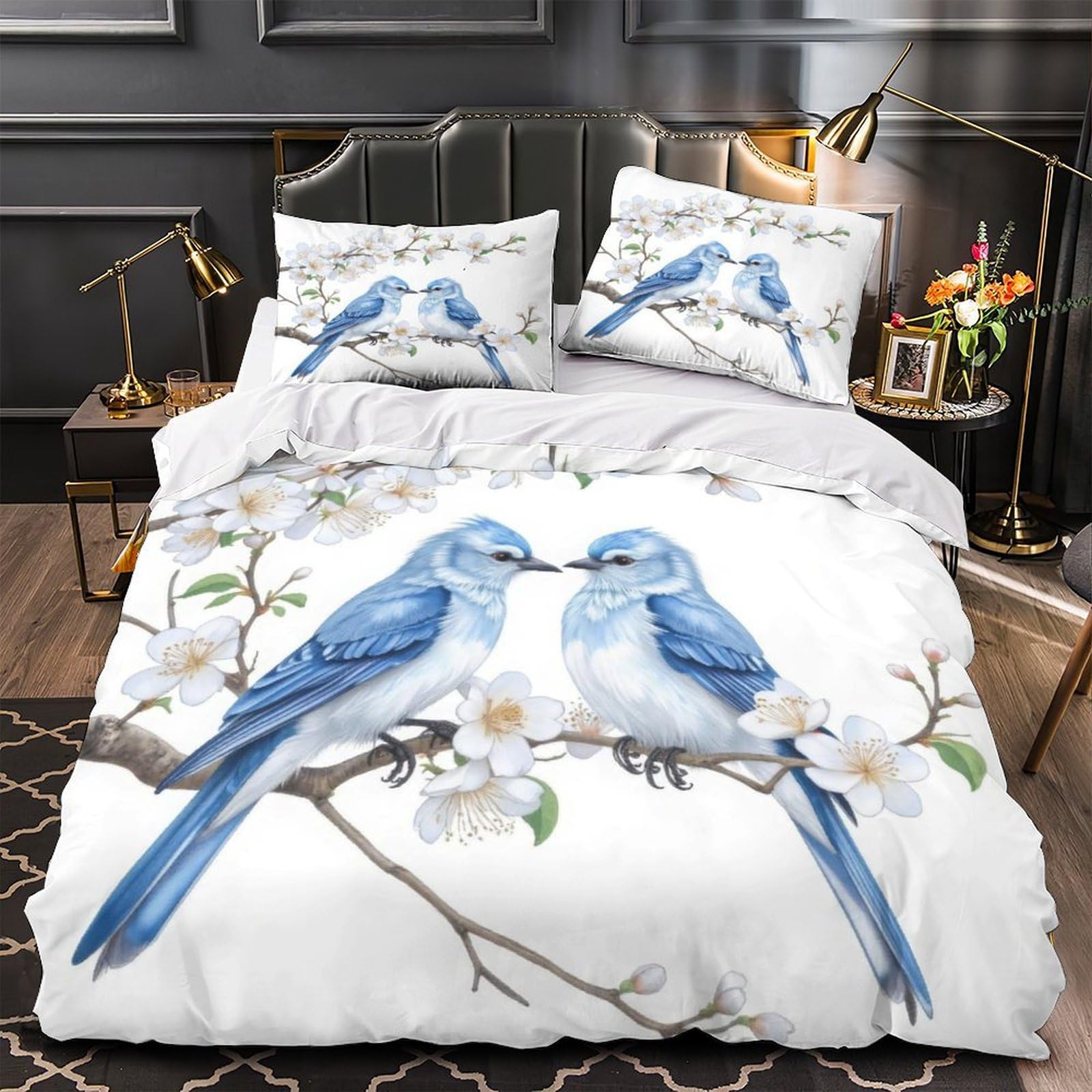 Parure de lit oiseaux bleus 135x200 cm housse de couette microfibre 3D