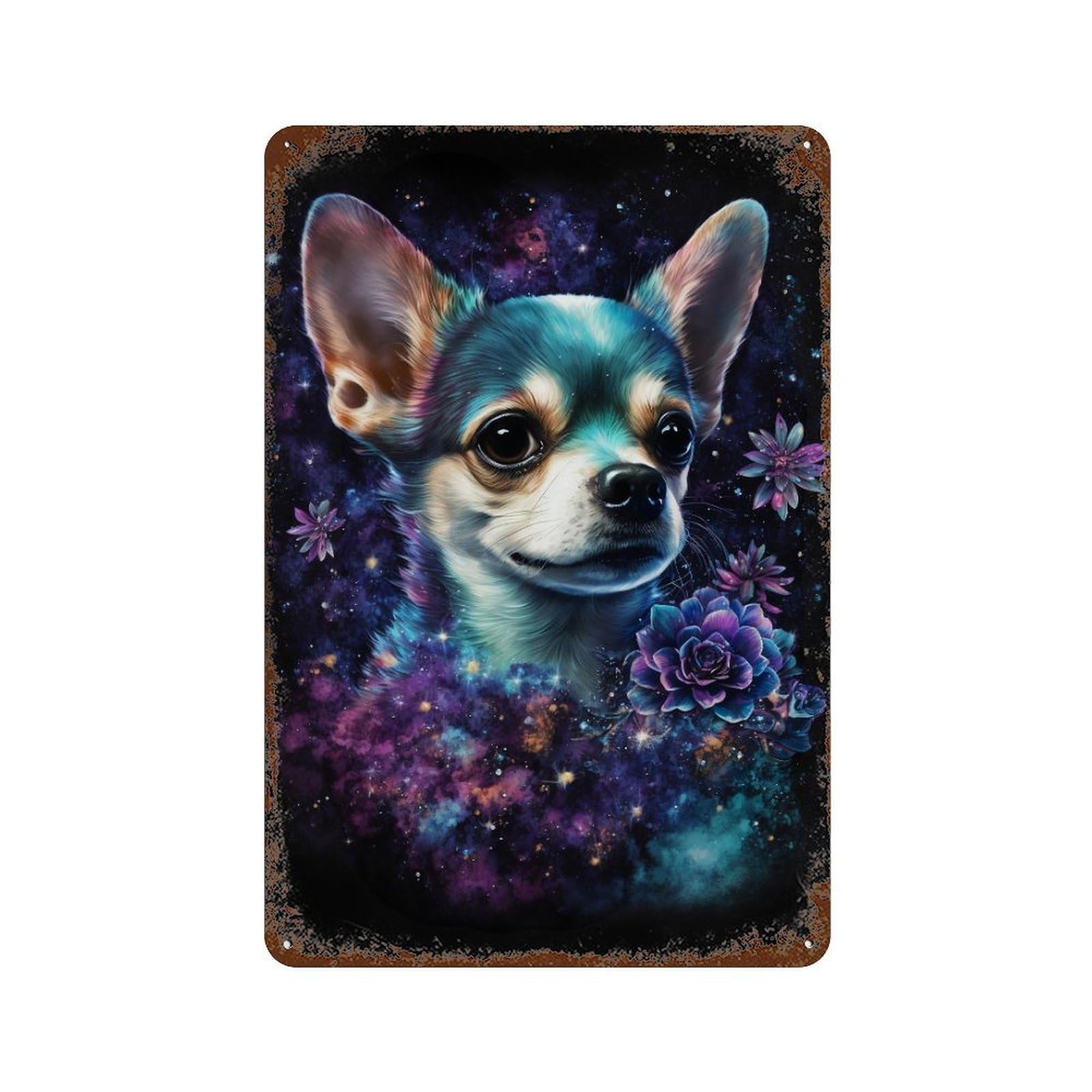 Galactic Chihuahua with Flowers -3 Aged Metal Wall Plaque 11.8"x7.9", for Pub, Kitchen And Man Cave Decor, Decorative Metal Wall Art
