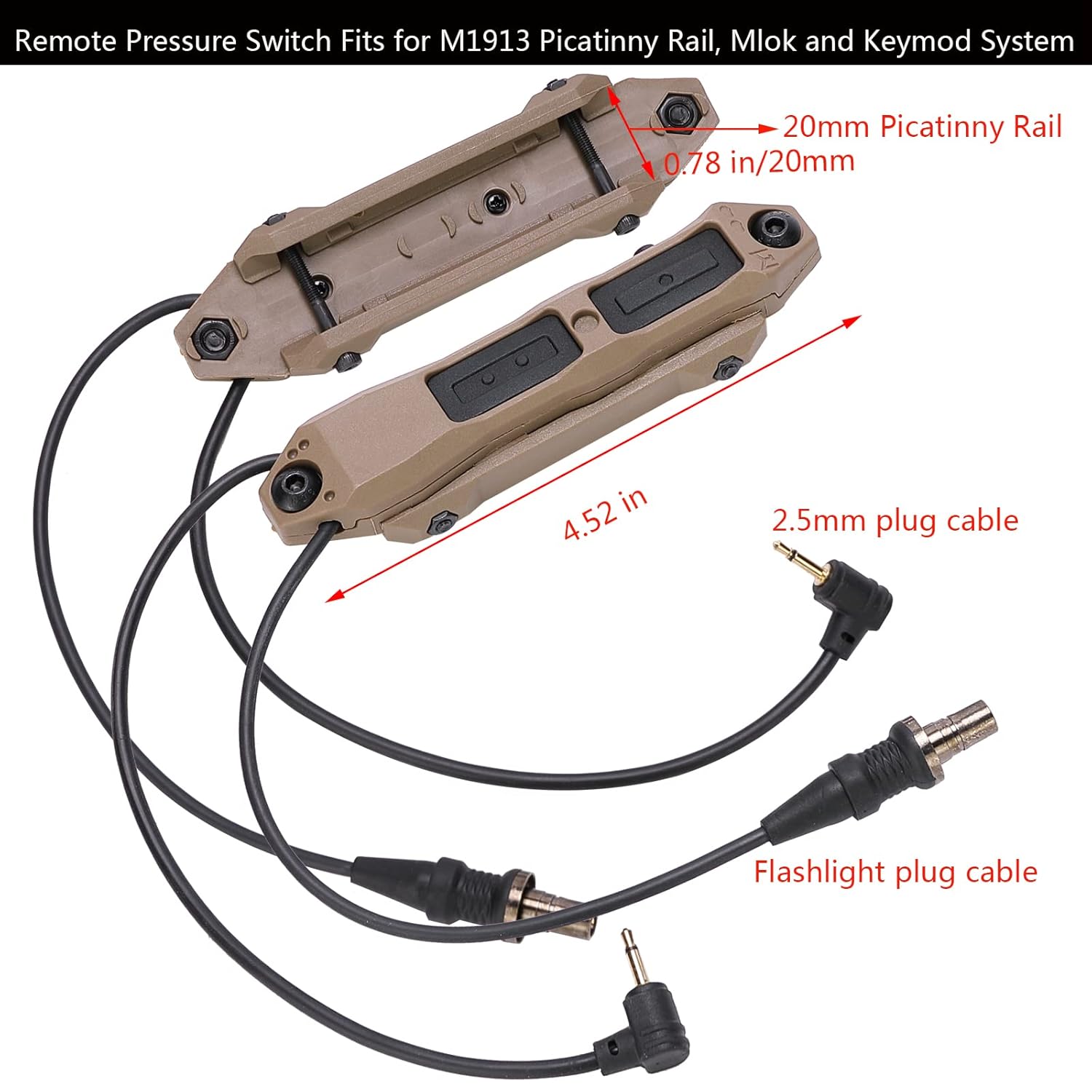 Dual Remote Flashlight Pressure Switch Tactical Light Switch Augmented Tape Switch with Tactical Light Plug and 2.5mm Plug Compatible with M300 M600 PEQ15 Series Tactical Lights
