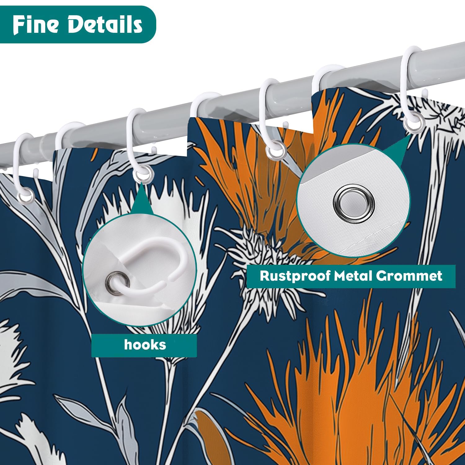 Rideau De Douche Plante De Chardon Polyester Anti Moisissure Lavable Imperméable Tissu Rideaux De Douche Avec Crochets En C Art Rétro Pour Salle De Bain Domicile Baignoire Cabine, Hôtel Orange Blanc