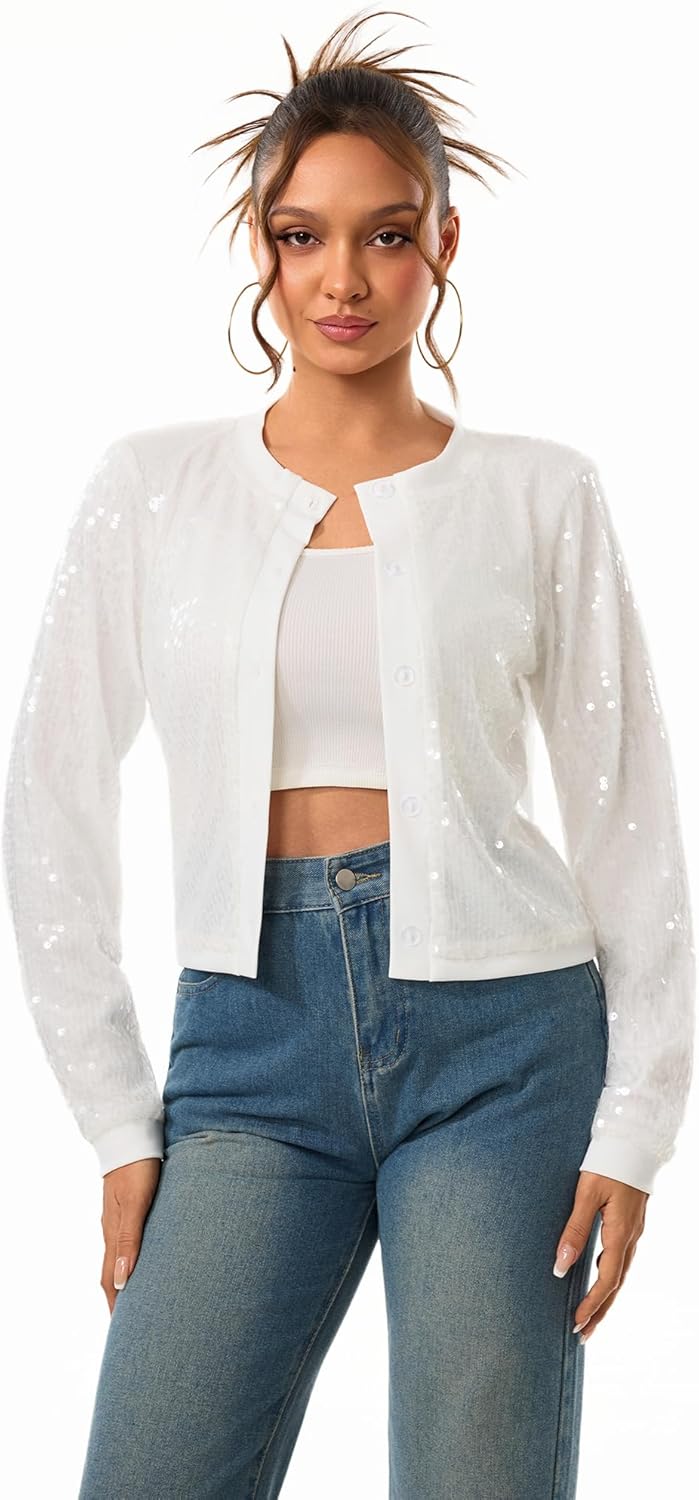 Women's Sequin Cardigan Sparkly Jackets Lightweight Cropped Jacket Long Sleeve Button Down Tops Casual Party Black S