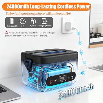 Cordless Electric Lunch Box for Adults, 100W Rechargeable Auto Heated Lunch Box 5-Sided Heating 1.2L Heating Lunchbox Smart Timer Leak-Proof Portable Food Warmer for Office Worksite Car Travel
