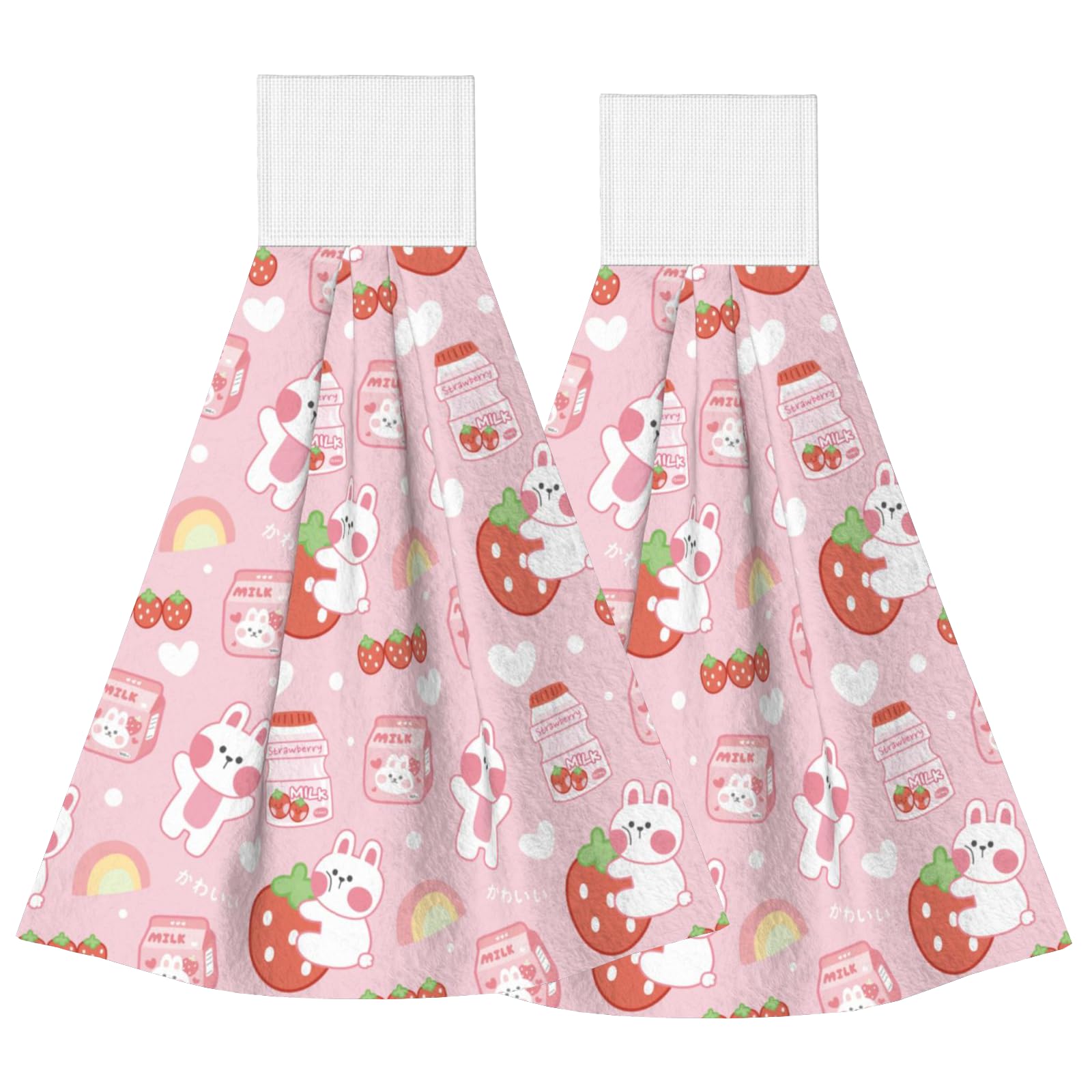YINFILAN Hanging Kitchen Towels with Loop Set of 2 Cute Rabbit Strawberry Cartoon Pink Drying Hand Tie Towel Soft Vintage Dish Cloth Tea Towels for