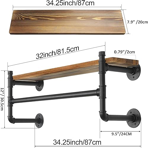Miniatura 3 de WEBI Perchero de pared con estante, perchero industrial de tubo de 32 pulgadas con estantes, barra de hierro resistente, barra de ropa de exhibición
