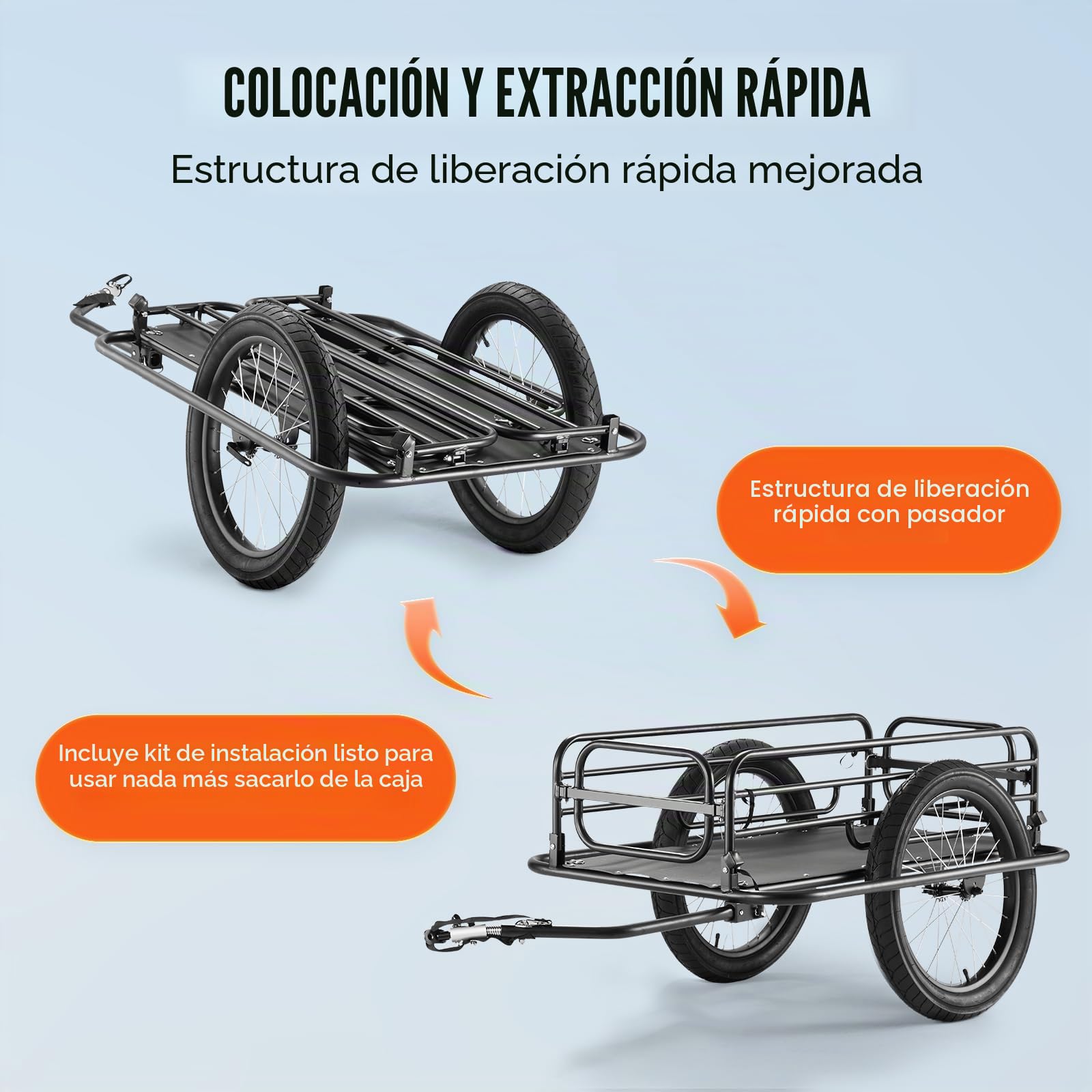 VEVOR Remolque para Bicicleta Carga de 125 kg Carro para Bicicleta Almacenamiento Compacto Plegable Liberación Rápida Ruedas de 508 mm Se Adapta a Mayoría de Ruedas de Bicicleta de Acero al Carbono