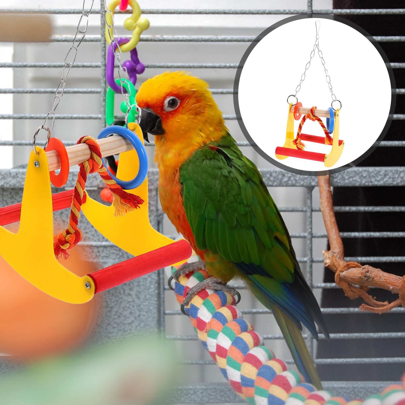 VANZACK 3pezzi Giocattolo Da Masticare Per Uccelli Altalena Creativa Per Pappagalli e Parrocchetti Accessorio Da Appendere Per Gabbie Colori Vivaci e Materiale Resistente