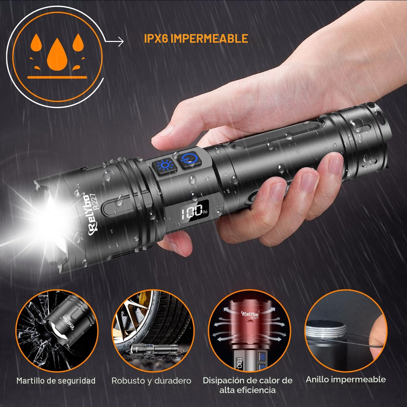 Relybo Linternas LED Alta Potencia 1,000,000 Lumen, XHM90.2 Linterna LED Recargable, Linterna Potente Tactica Pilas, 2 Interruptores VariacióN Infinita Linterna Tactica Para Emergencia Camping