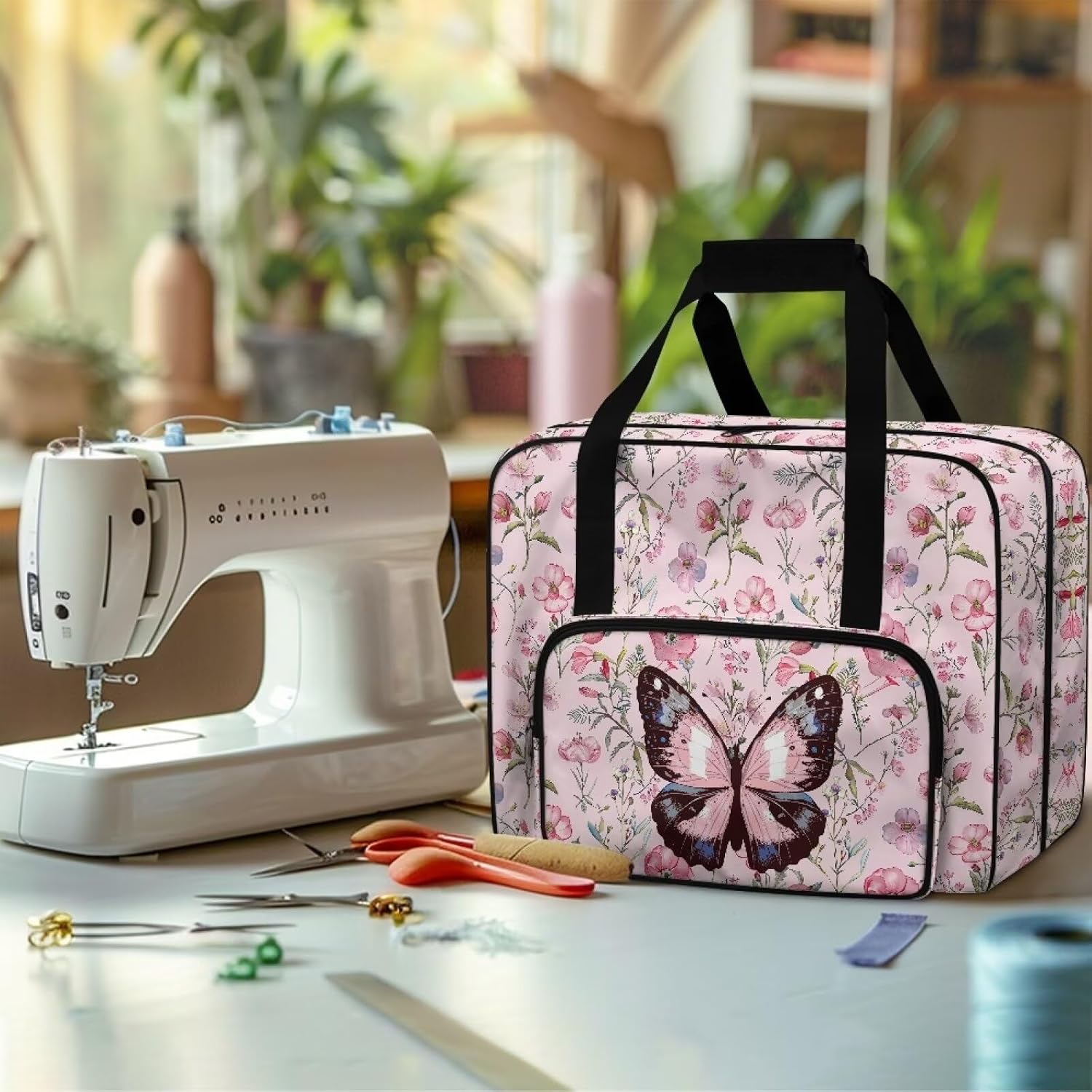 Butterfly Portable Sewing Machine Handbag for All Machine Sweing Machine Case Padded Storage Cover Carrying Case with Pockets and Handles for Sewing Classes