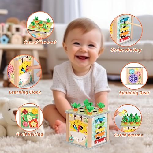 Miniatura 6 de Pyinlon Juguetes Montessori de madera 9 en 1 para niños de más de 1 año, juguetes de clasificación de formas y apilamiento para niños pequeños, cubo