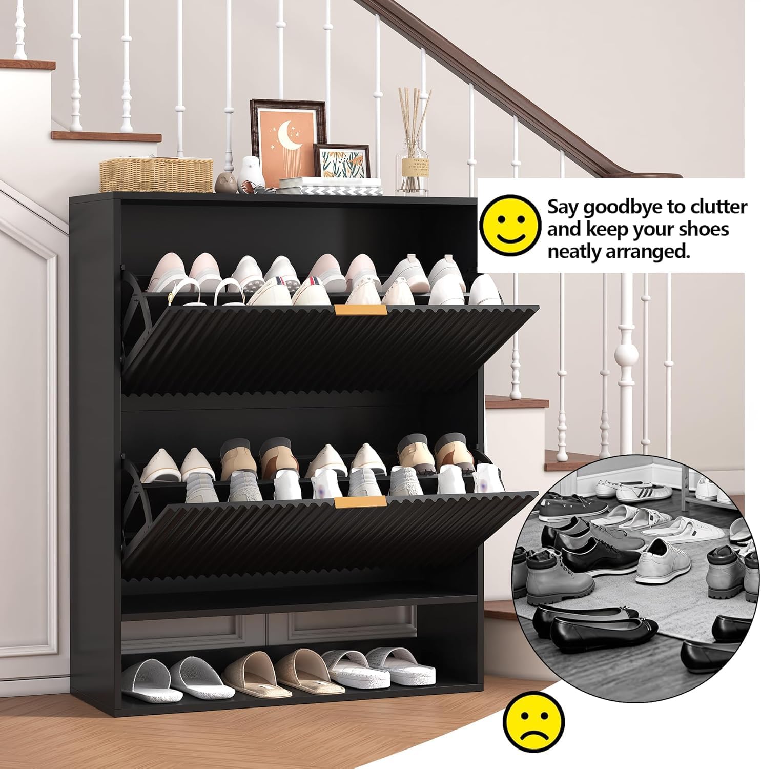 GarveeHome Fluted Shoe Cabinet for Entryway, Narrow Storage Unit with 2 Flip Drawers & Bottom Open Shelf, Freestanding Slim Shoe Rack with Side Hooks for Foyer or Hallway, Black