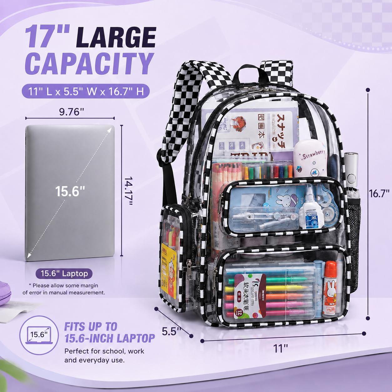 BTOOP Zaino trasparente resistente borsa trasparente da 43,2 cm trasparente per scuola, donne, uomini, lavoro, festival, sport, viaggi