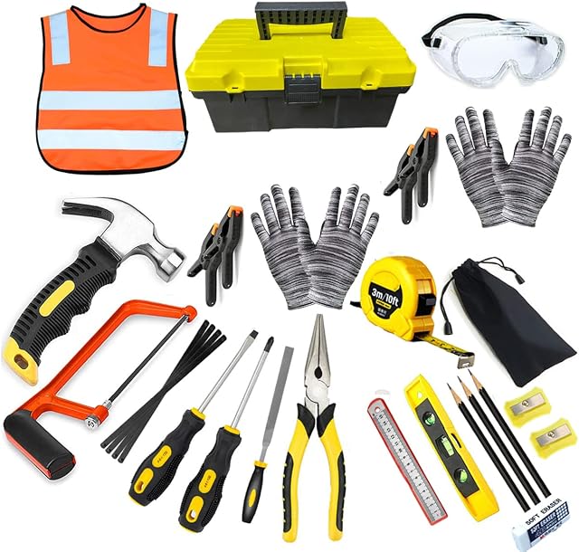 QeeHeng Kids Real Tools Set, Woodworking Tool Set, 30 PCS Builder Children Real Hand Tools Kit Construction Learning, Home DIY Play for Boys & Girls Beginner Learning Gift, Come with Tool box
