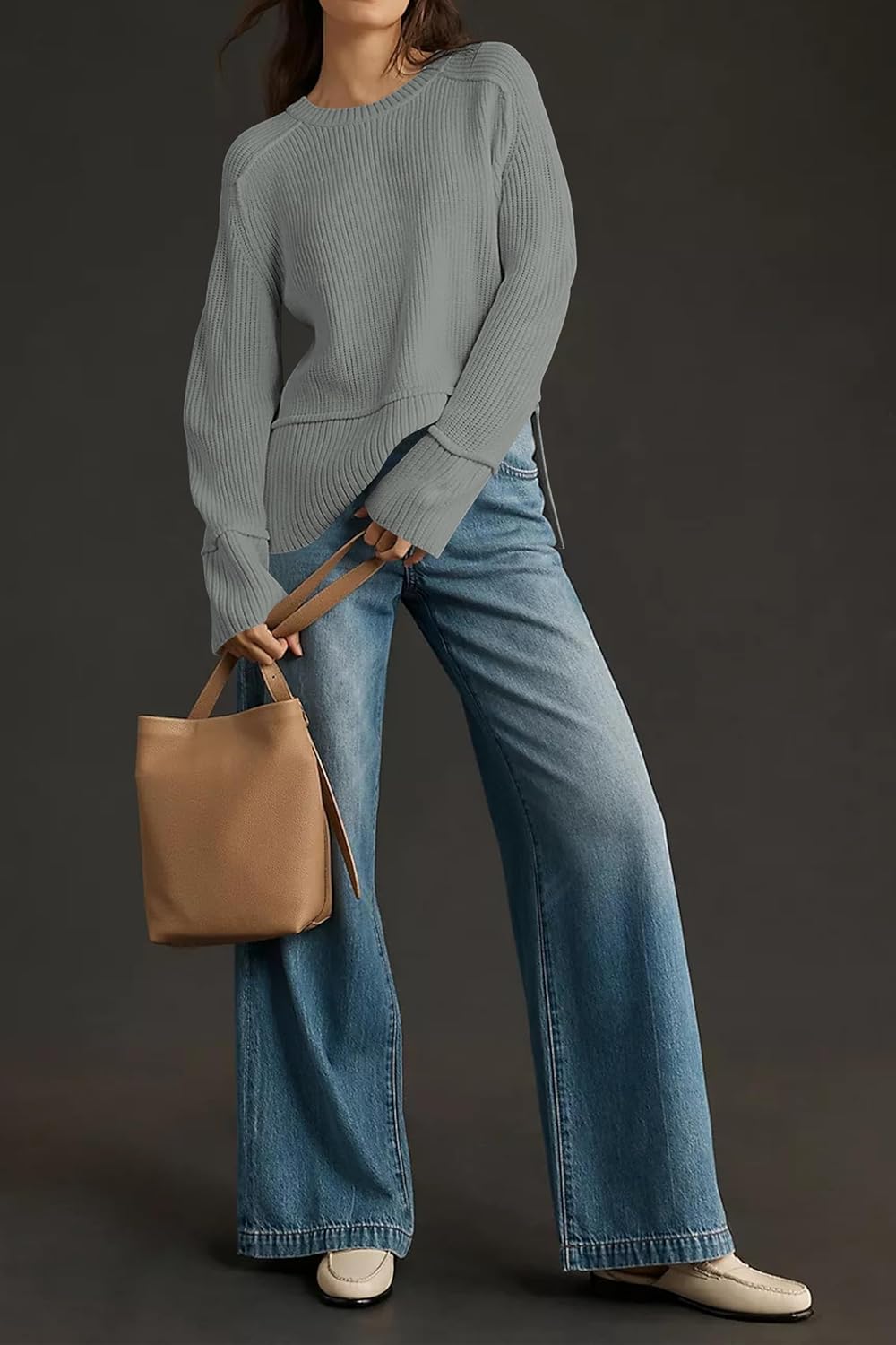 Cakulo Womens Oversized Sweaters Split 2025 Fall Knit Long Sleeve Crew Neck Ribbed Pullover Loose Cozy Soft Sweater - Image 8