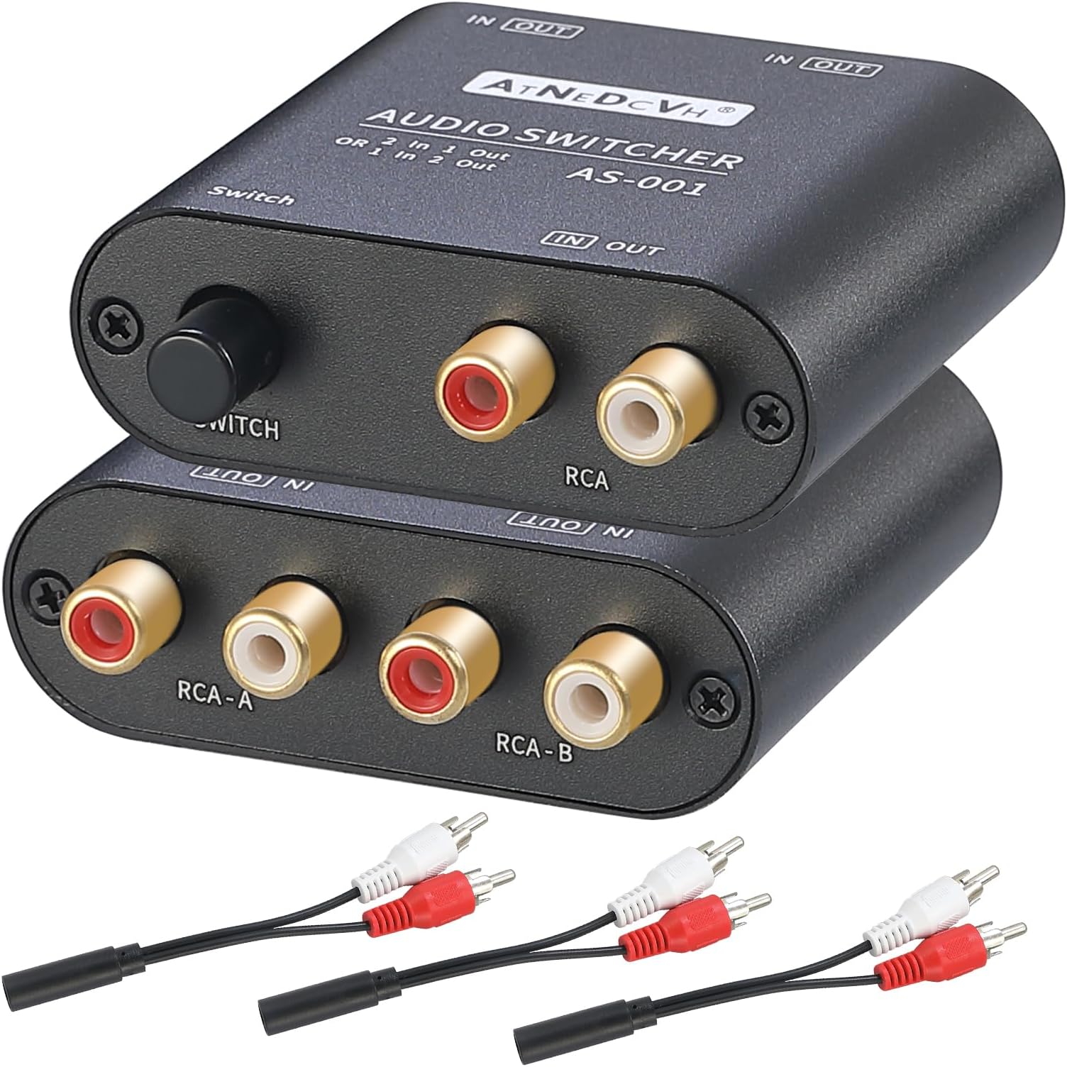 RCA / 3.5mm Port 1 In 2 Out / 2 In 1 Out Bi-Directional Audio Switcher, 2-Way Stereo L/R Sound Channel Speaker Headphone Audio Switch Selector Splitter Box (Black)