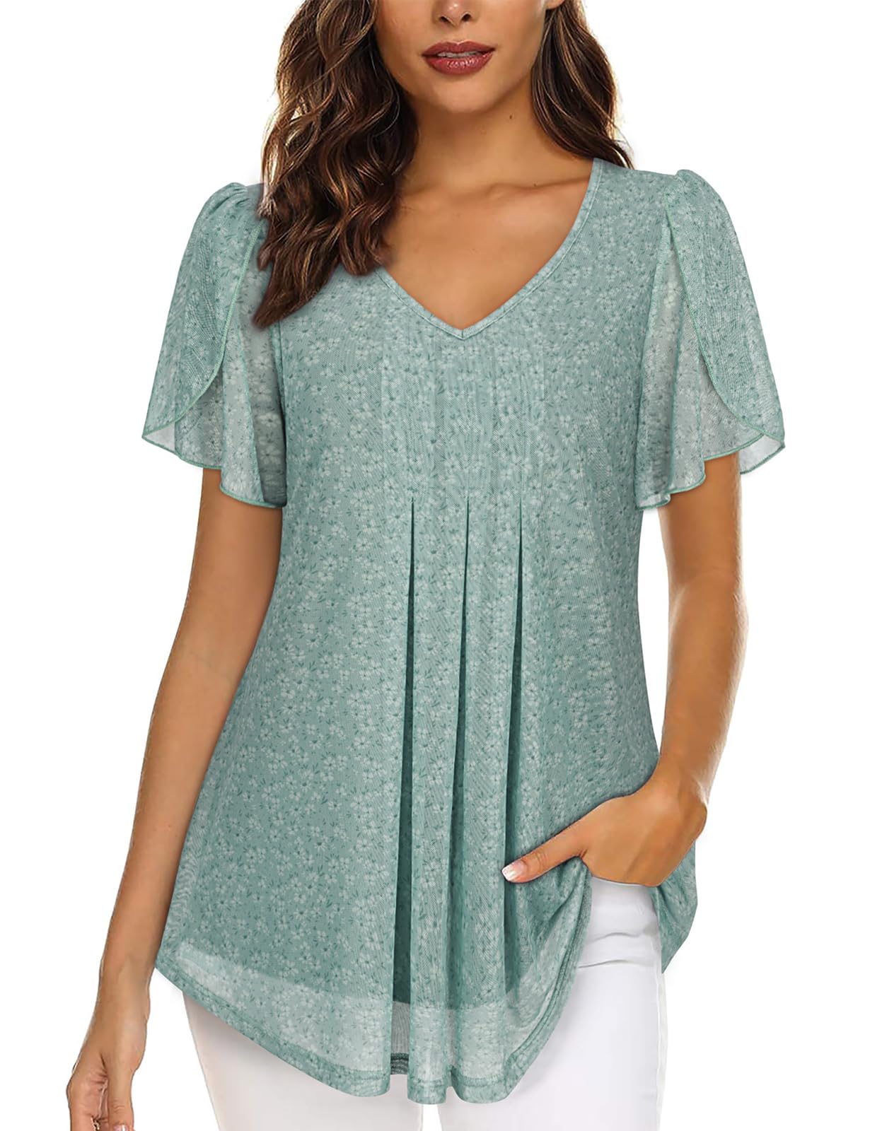 Misyula V Neck Short Sleeve Double Layers Elastic Mesh Blouse Casual Flowy Tunic Tops