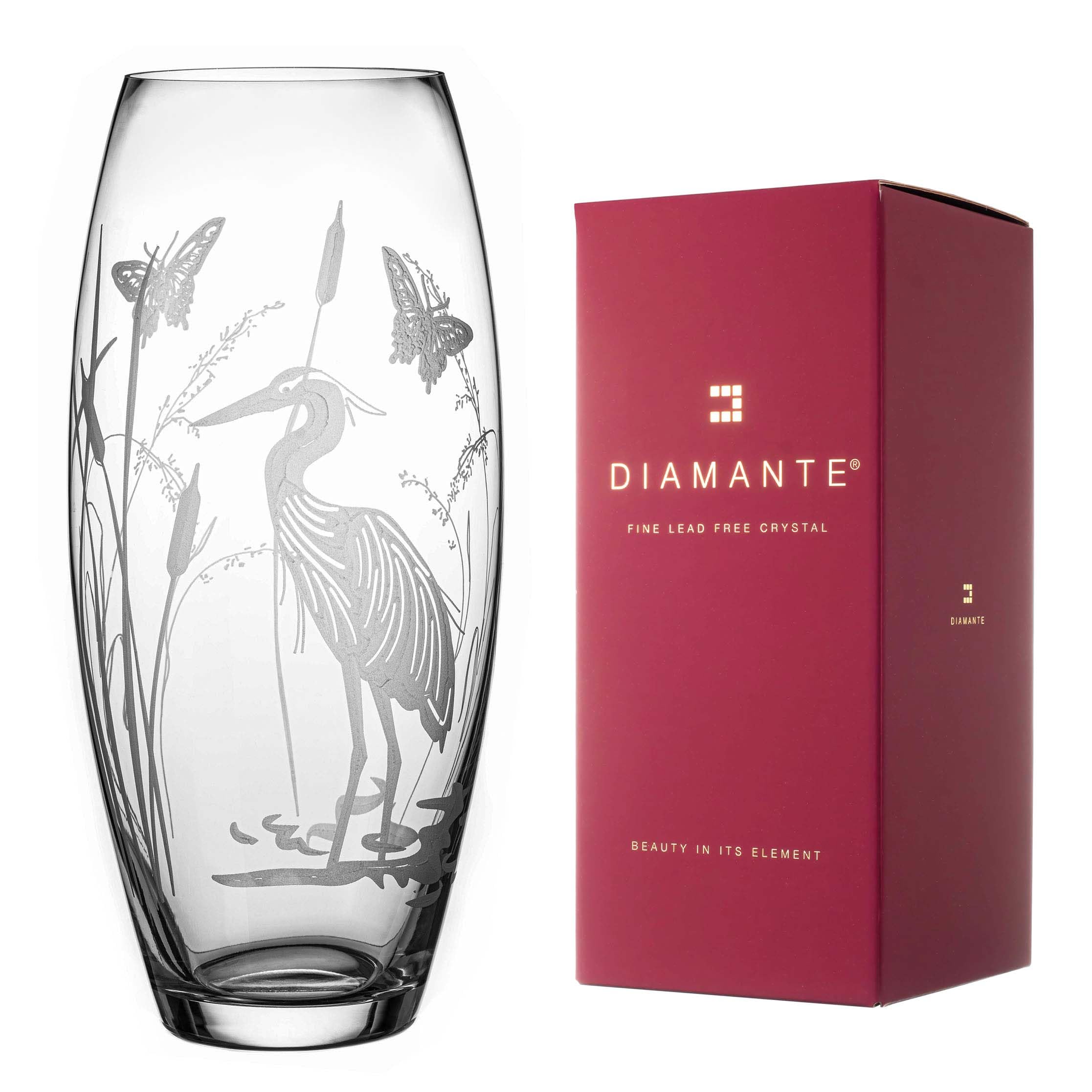 Diamante Clear Barrel Shaped Crystal Vase "Heron" - Etched Bird Decoration Wildlife Botanical Flower Vase - 30Cm In Gift Box