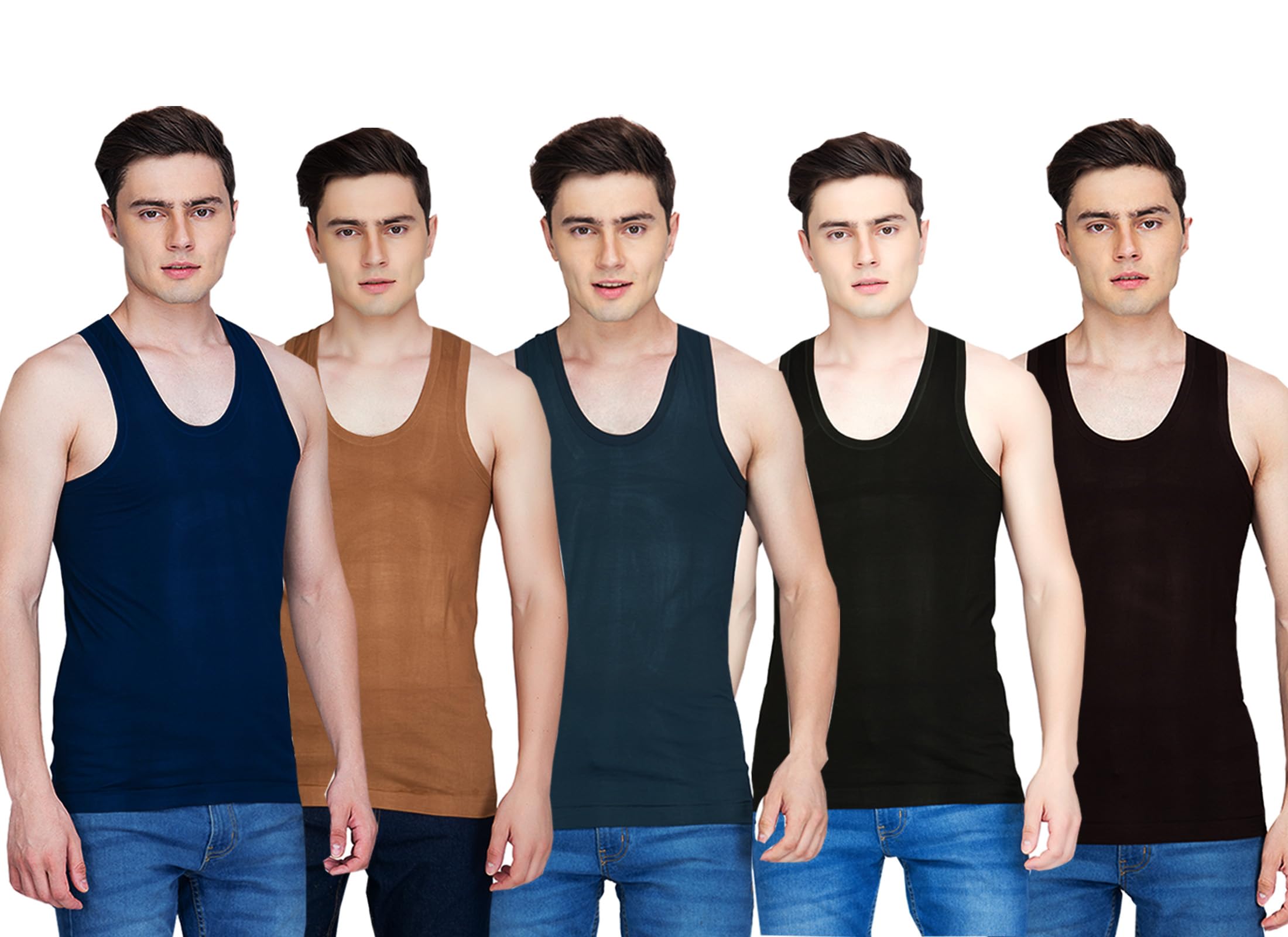 essa COOLD Men's Slim Fit Cotton Sleeveless Vest | Comfortable Innerwear for Everyday Wear | Soft, Breathable & Stylish | Pack of 5 | Brown, Mustard, Green, Blue, Olive-picture-24