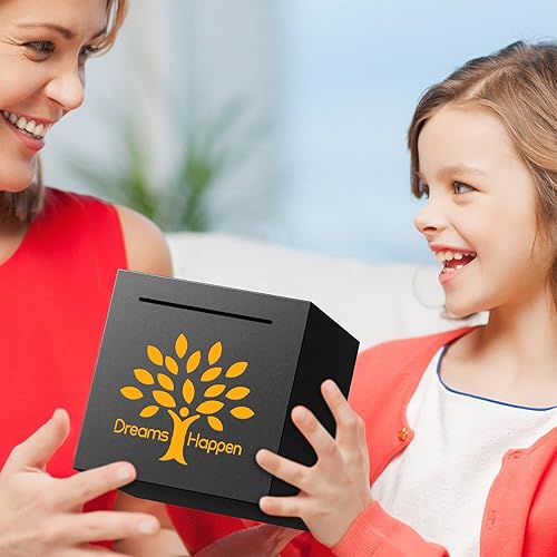 Miniatura 5 de Alcancía debe romperse para abrir, alcancía de acero inoxidable creativa segura para dinero real (Dreams Happen-Black, 4.72 pulgadas)