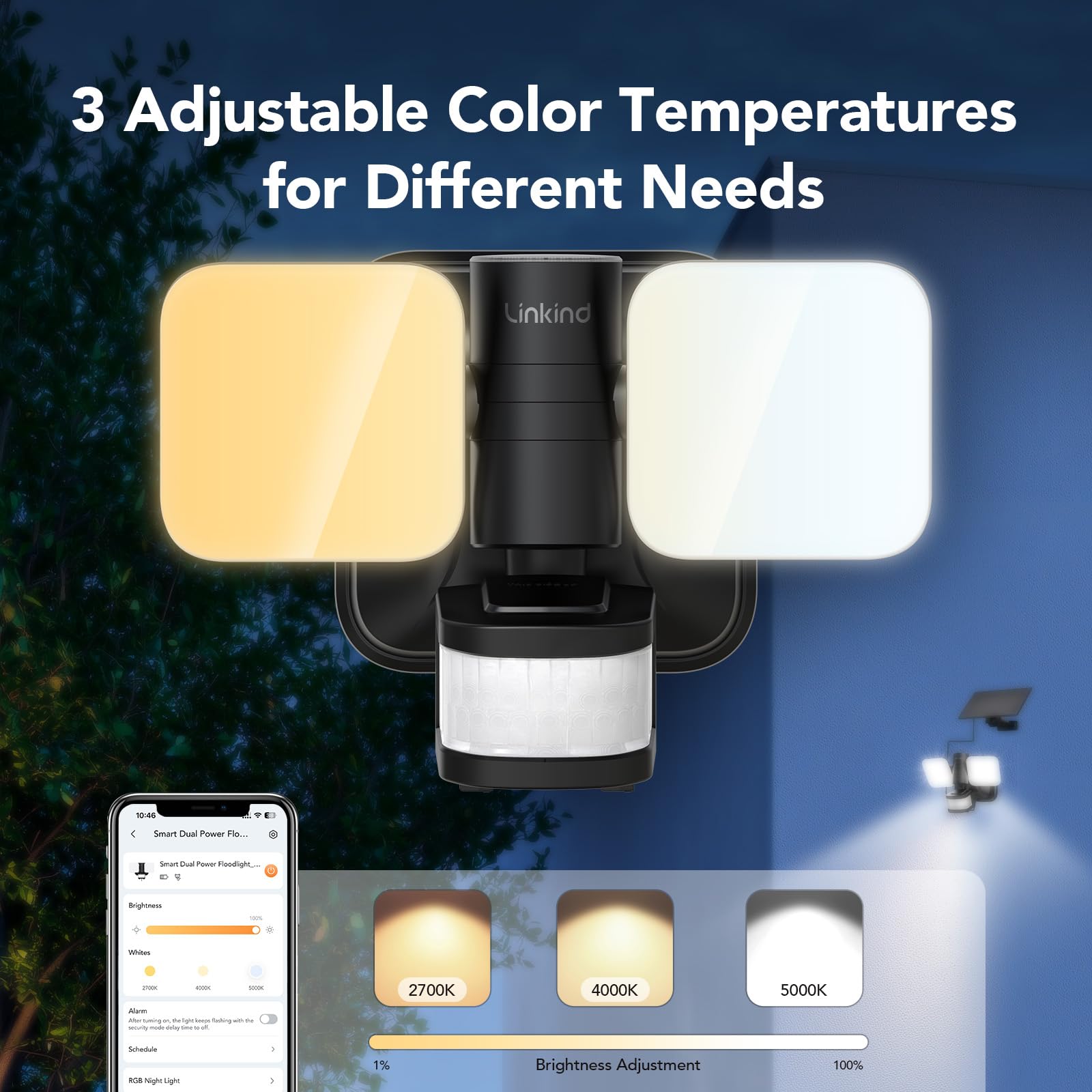 Linkind Foco inteligente para exteriores con doble fuente de alimentación, reflector LED de 25 W con doble potencia (solar y eléctrico), 3000 LM IP65, sensor de movimiento, atenuación CCT