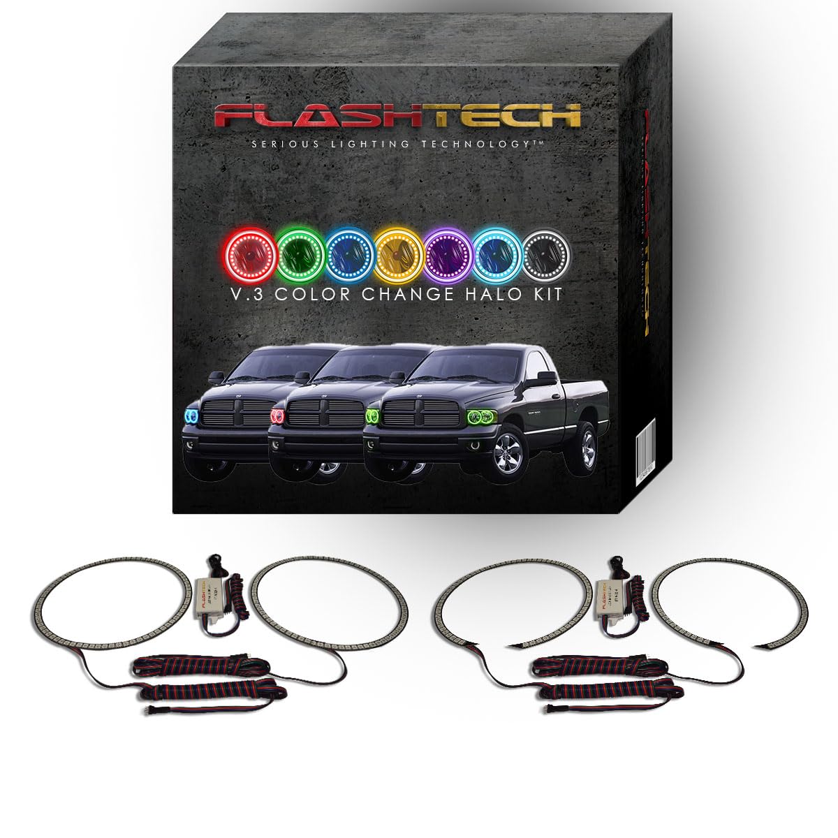 FlashtechV.3 Fusion Color Change LED RGB Multi Color Halo Ring Headlight Kit Compatible With Dodge Ram 1500 02-05