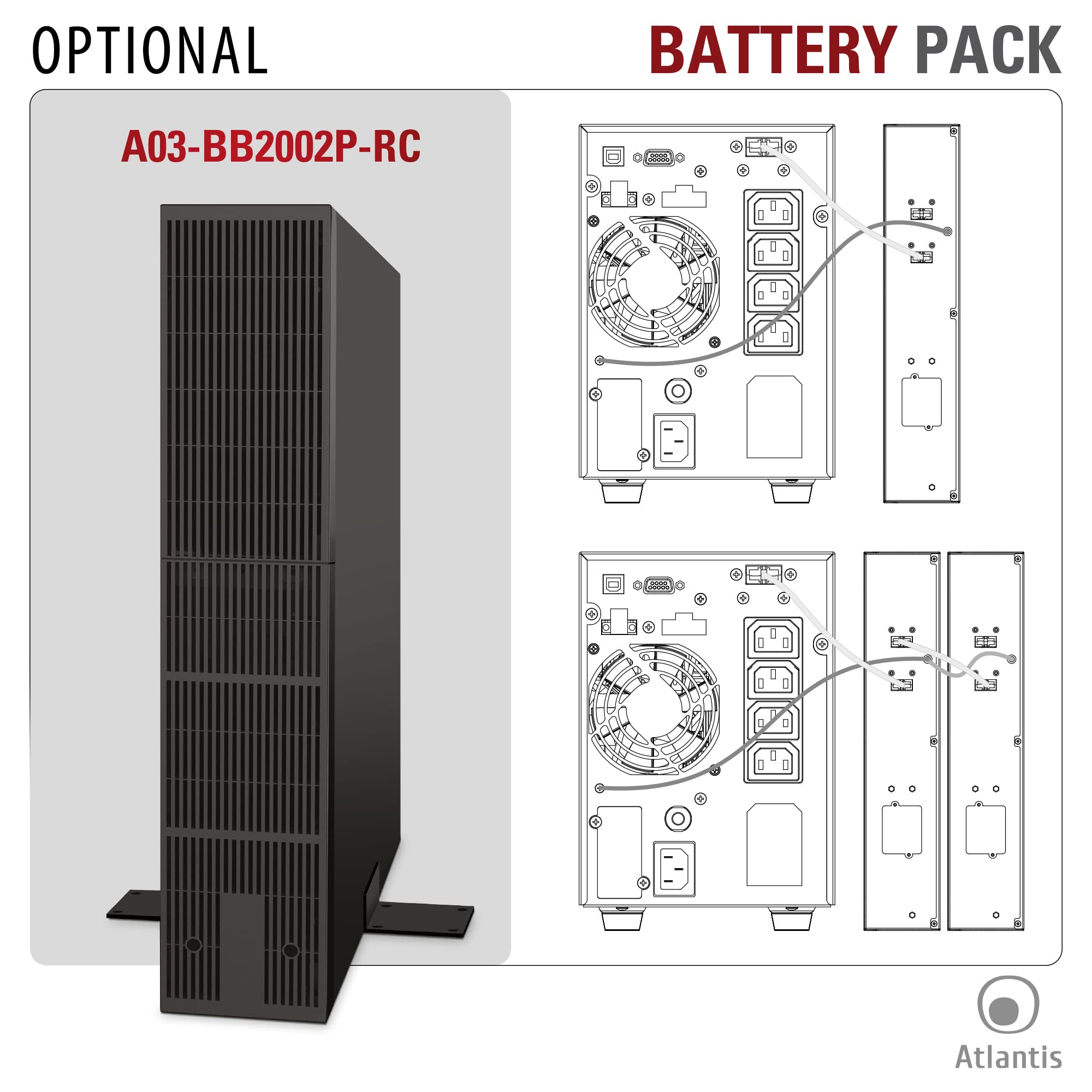 Atlantis A03-OP2002P Pro Onduleur (UPS) Online Double Conversion et Pure sinusoïde avec Une Puissance de 2000VA 1800W, Tour, écran LCD, USB, RS-232 série, 4 Sorties IEC, Slot SNMP, 4x12V-9Ah