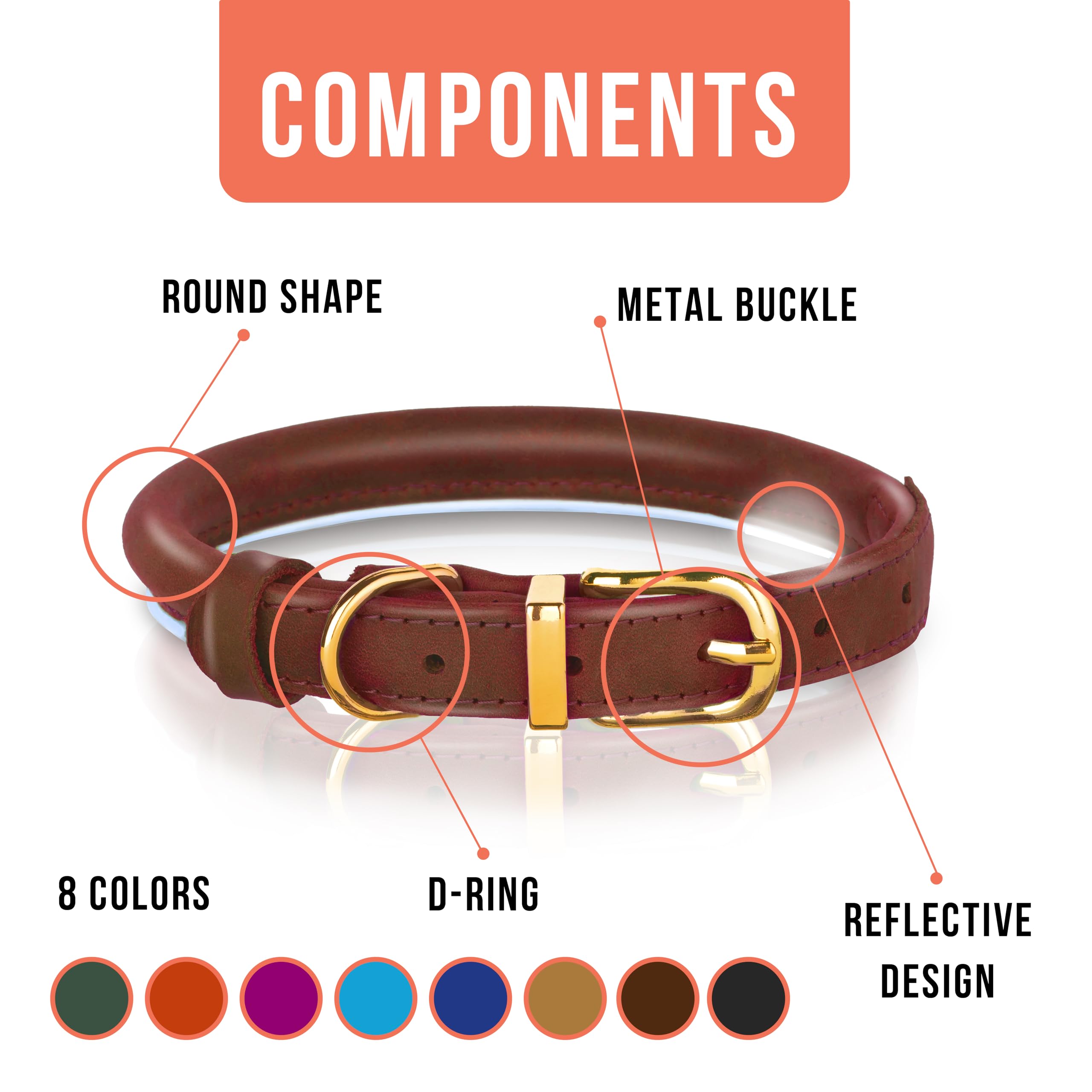 OOPSDOGGY Reflective Rolled Leather Dog Collar for Small Medium Large Dogs Puppy 8 Colors, 7 Sizes (Brown, XL, 17"-21") - Image 3